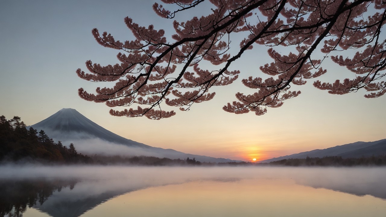 Mount Fuji and Cherry Blossoms at Dawn Reflection