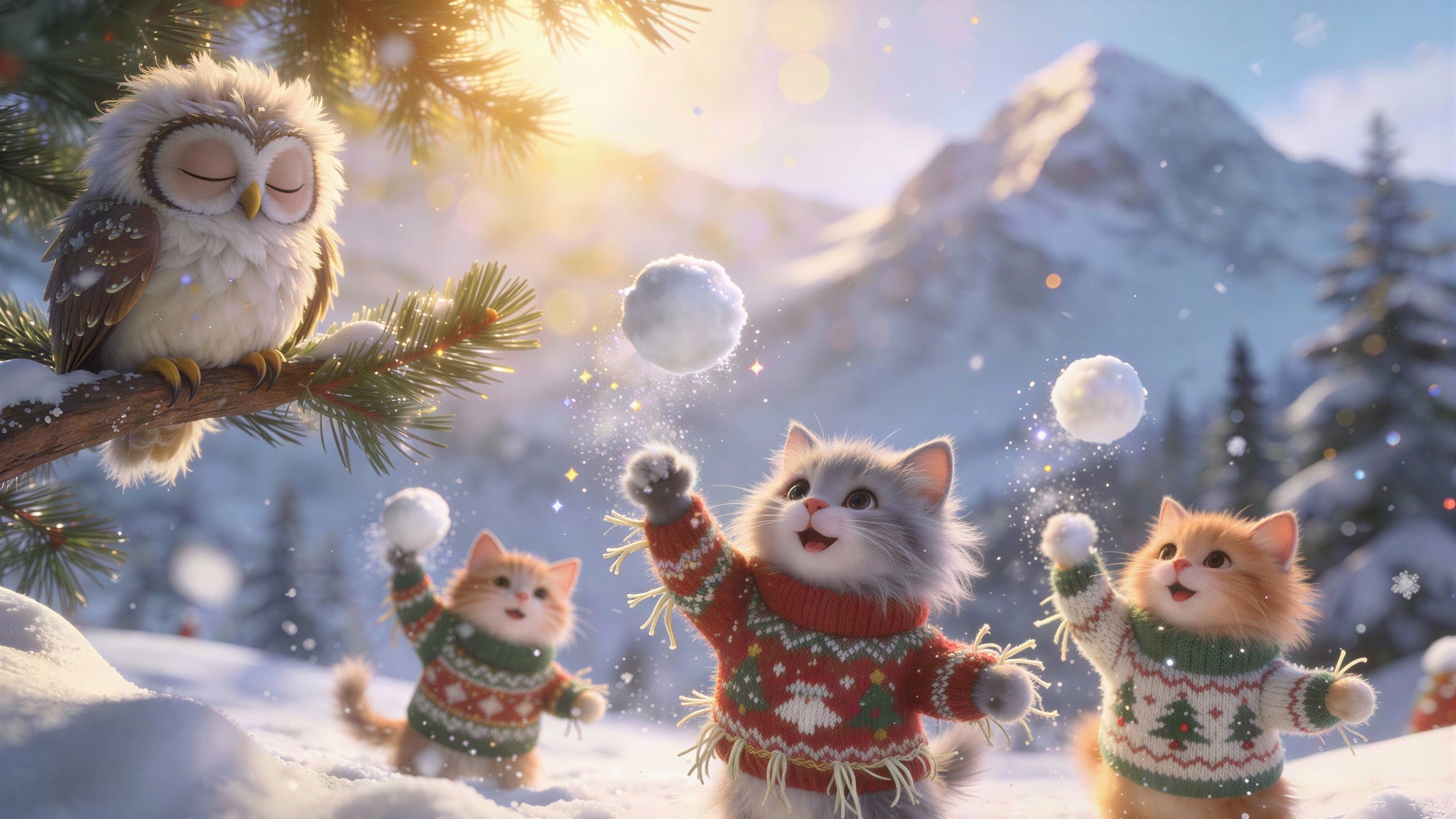 Wintry Landscape with Cats Playing in the Snow