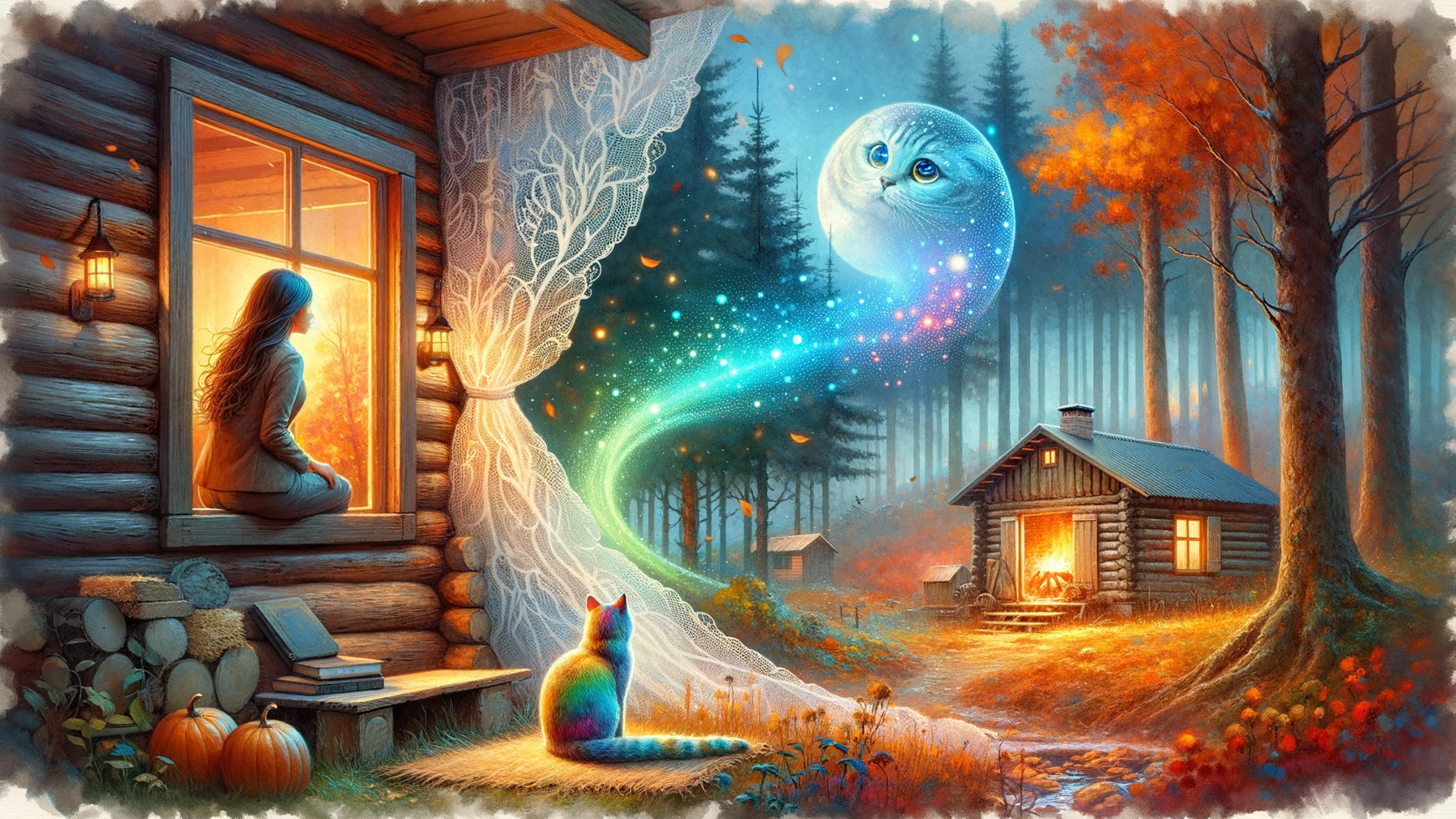 Cozy log cabin in autumn forest with magical elements
