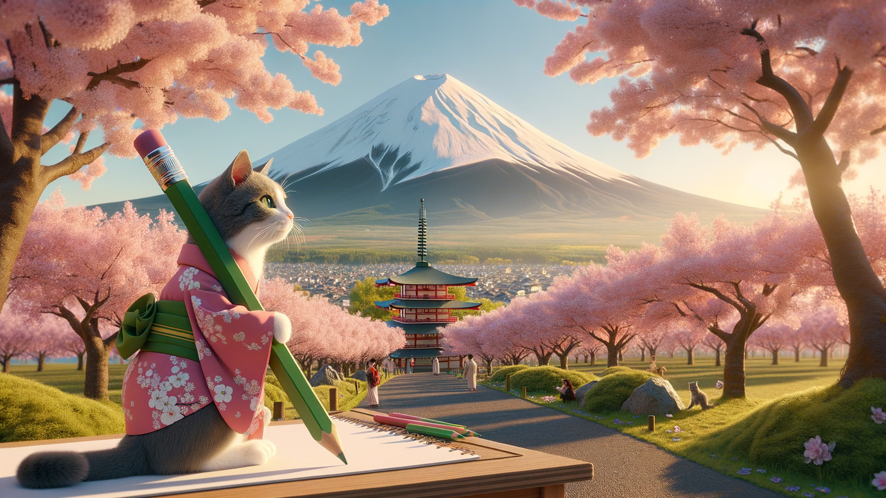 Charming Cat in Kimono with Mount Fuji Background