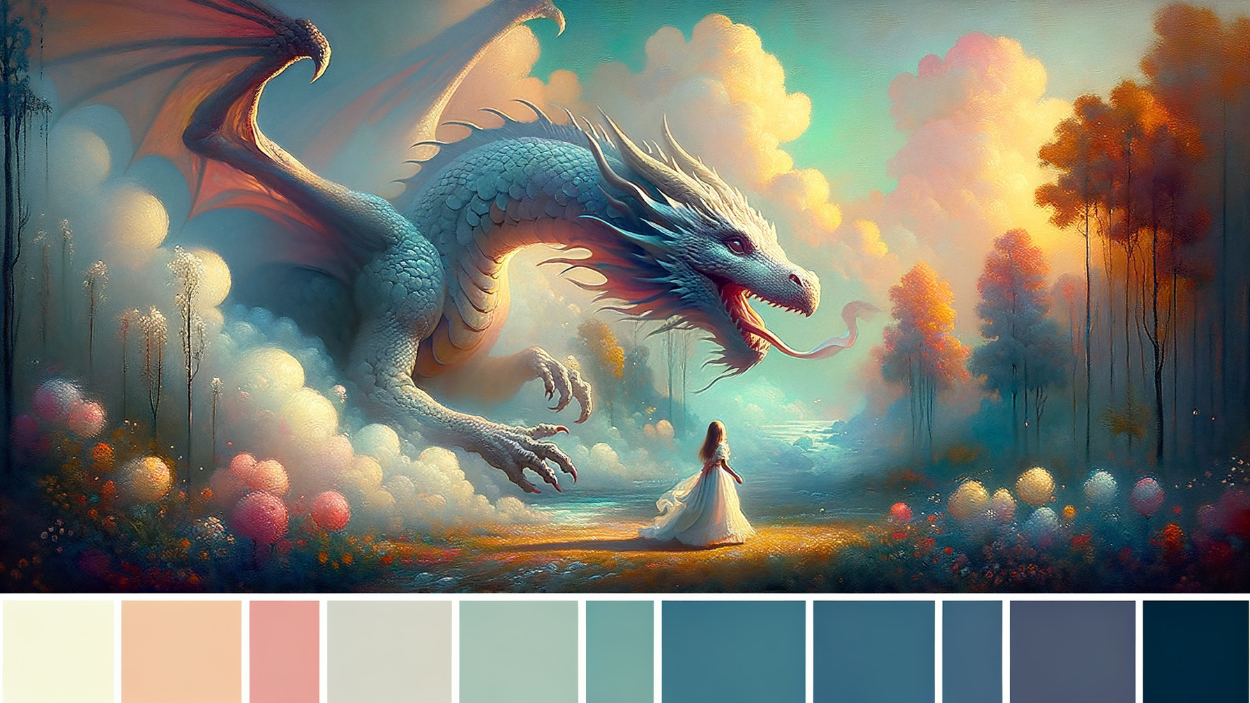 Majestic dragon in serene landscape with young girl
