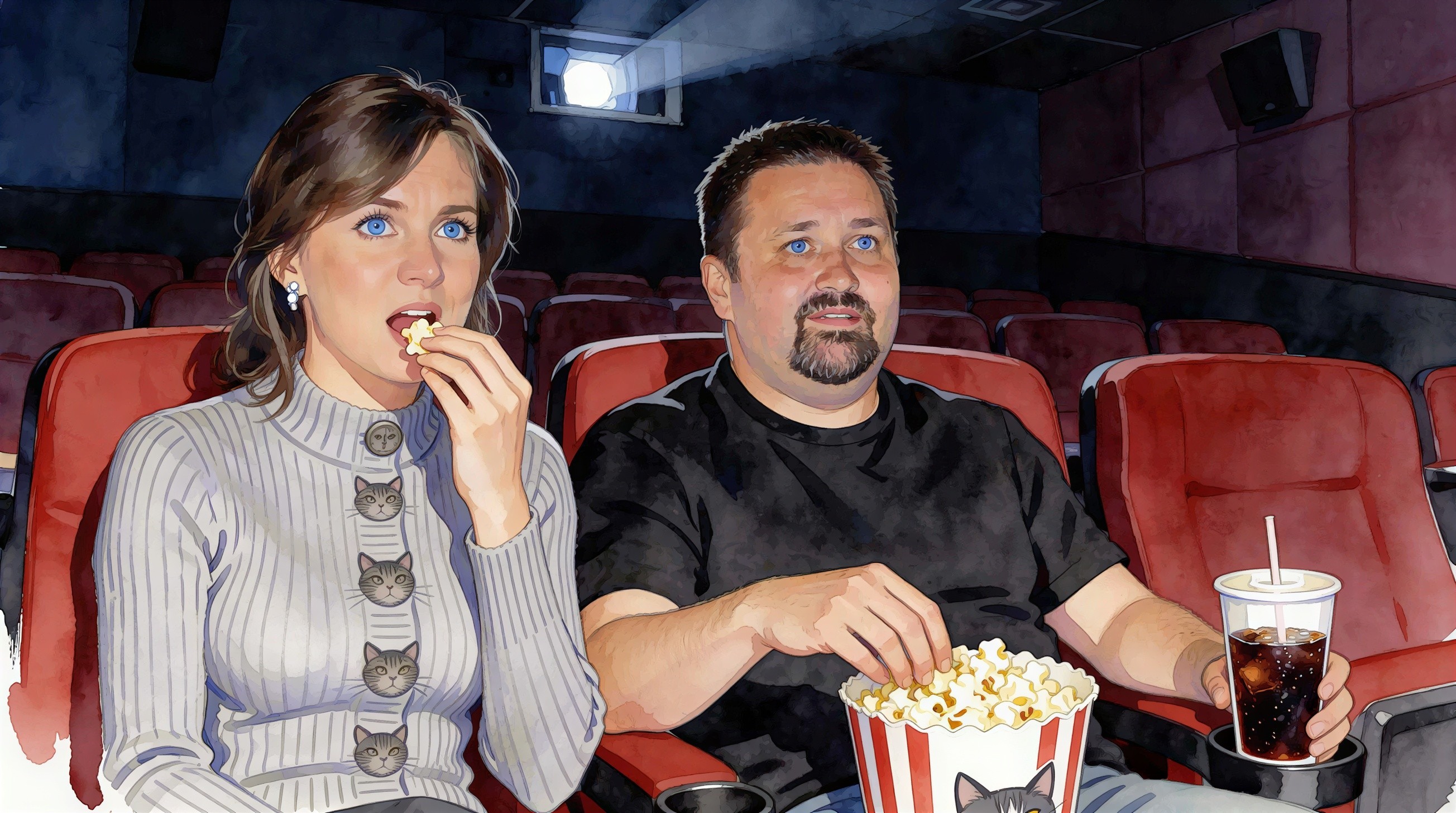 Couple Enjoying Movie in Empty Theater with Snacks