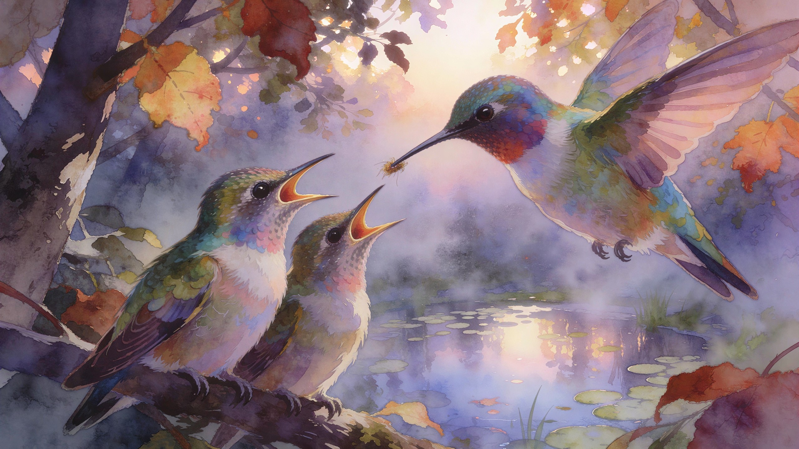Watercolor Painting of Hummingbirds and Serene Landscape