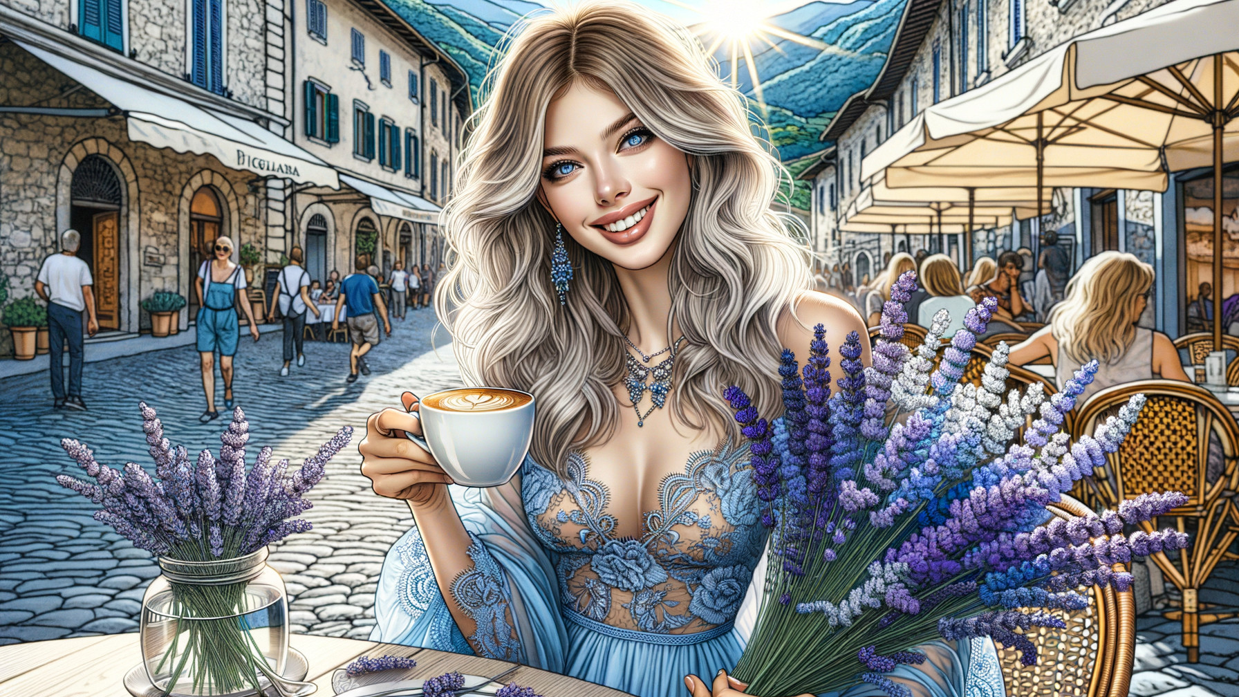 Woman with blonde hair at café in picturesque village