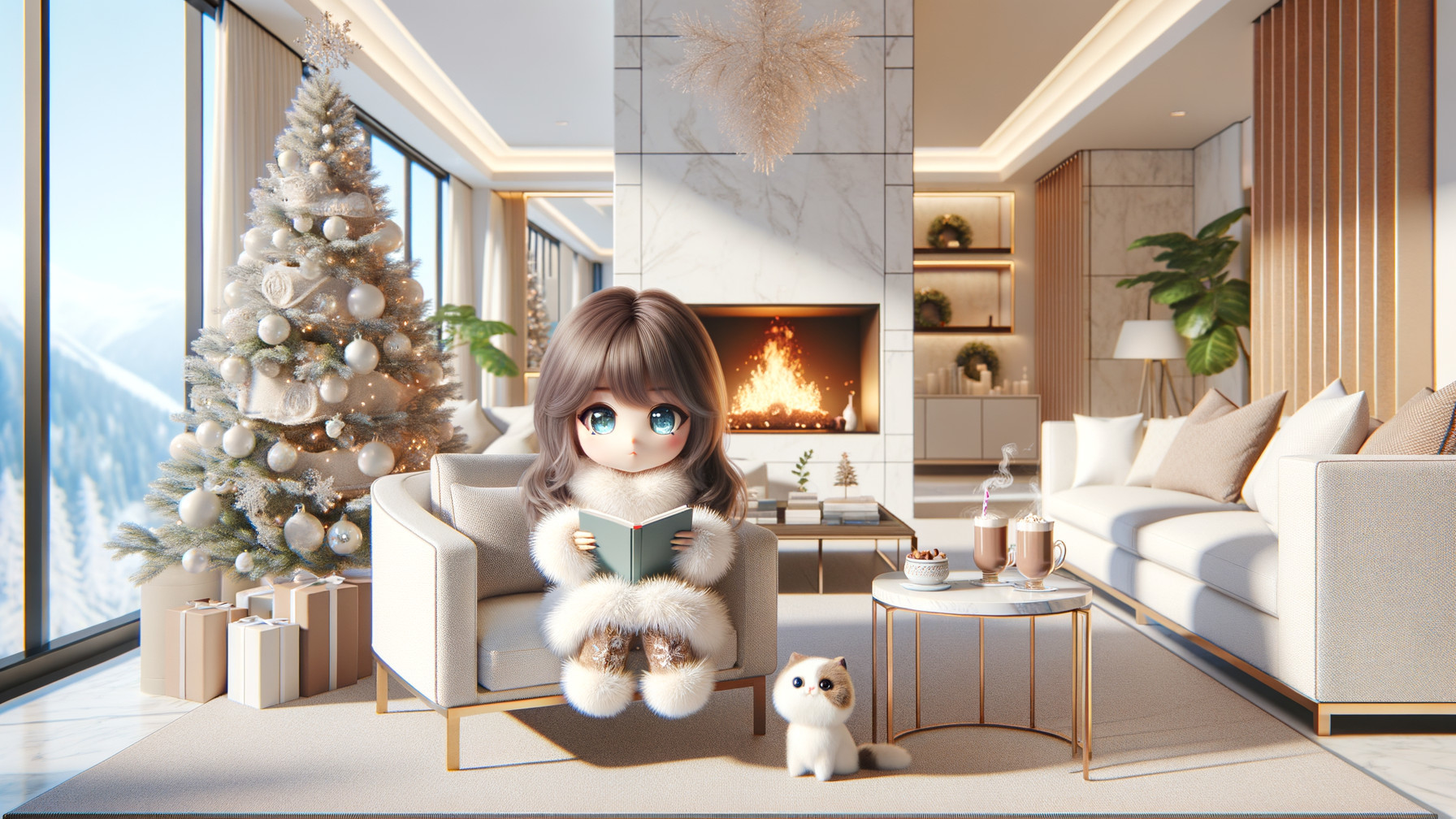 Cozy Modern Living Room with Christmas Tree and Kitten