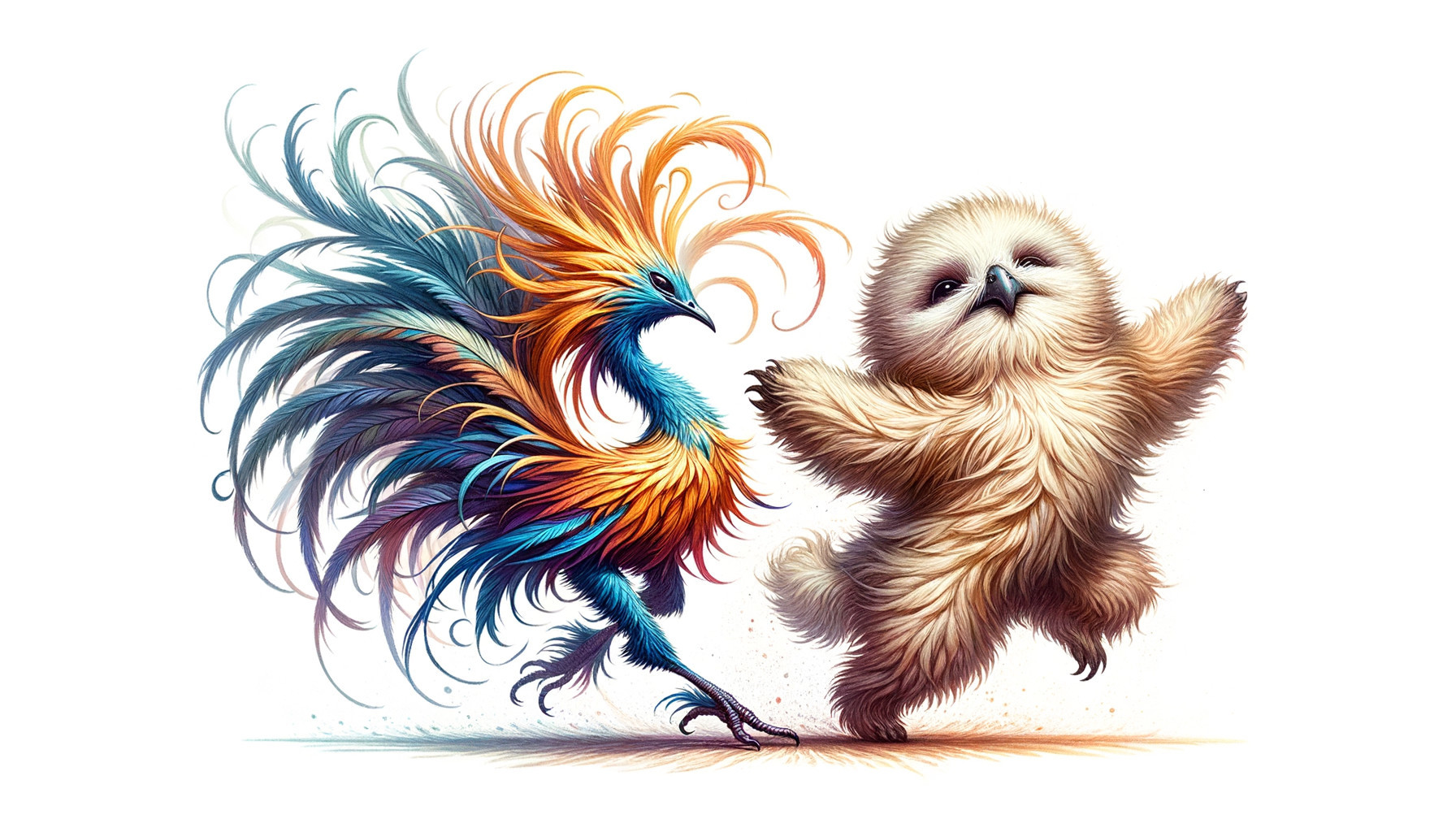 Mythical Phoenix and Fluffy Sloth in Whimsical Scene