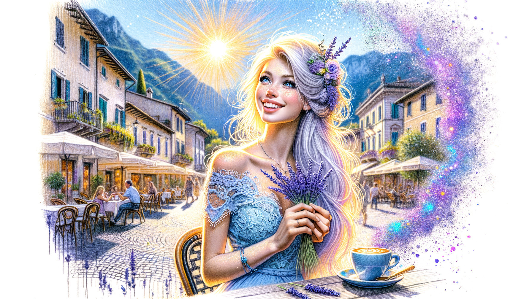 Cheerful woman with silver hair at a quaint café