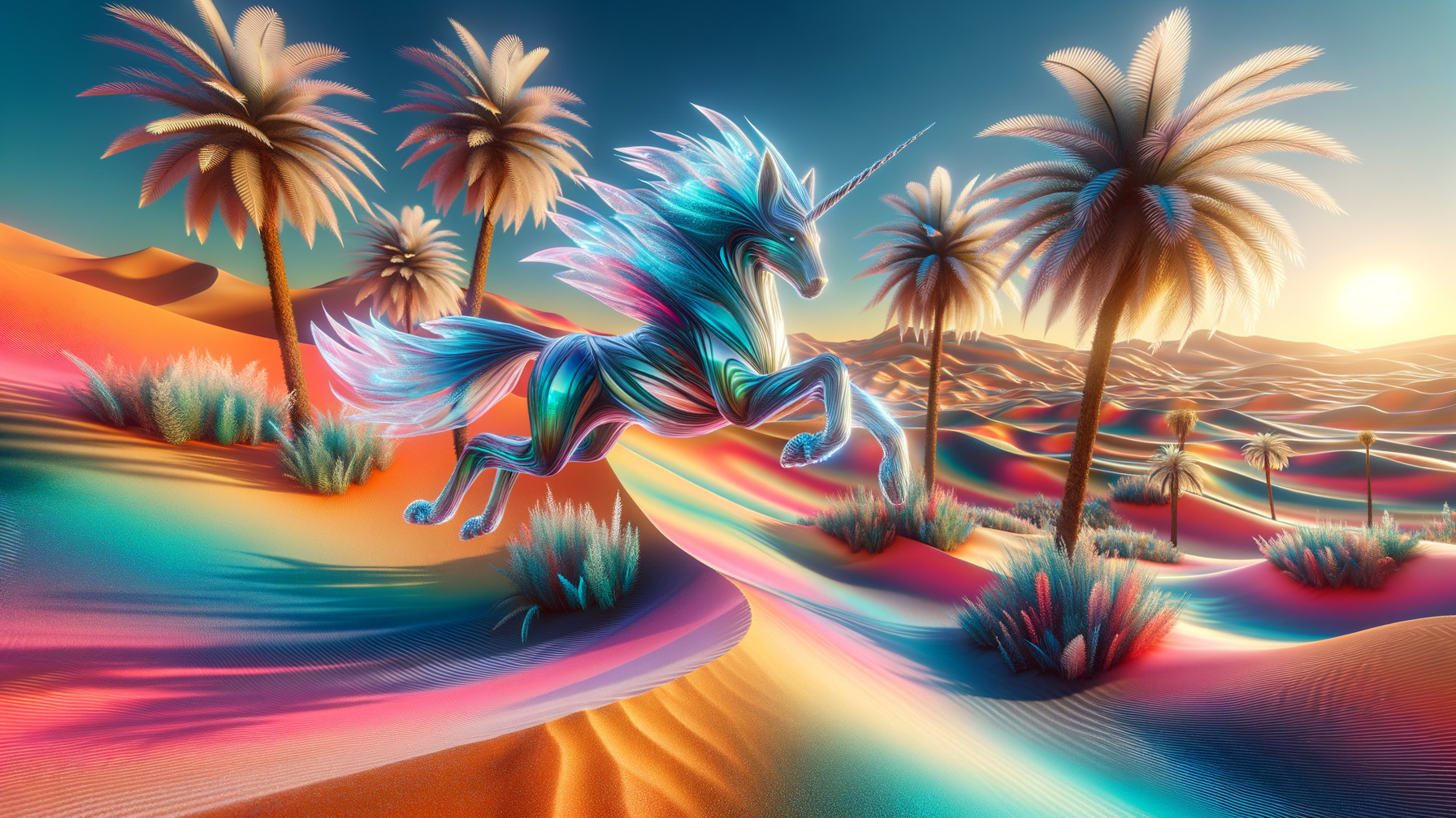 Surreal Landscape with Majestic Unicorn and Sunset