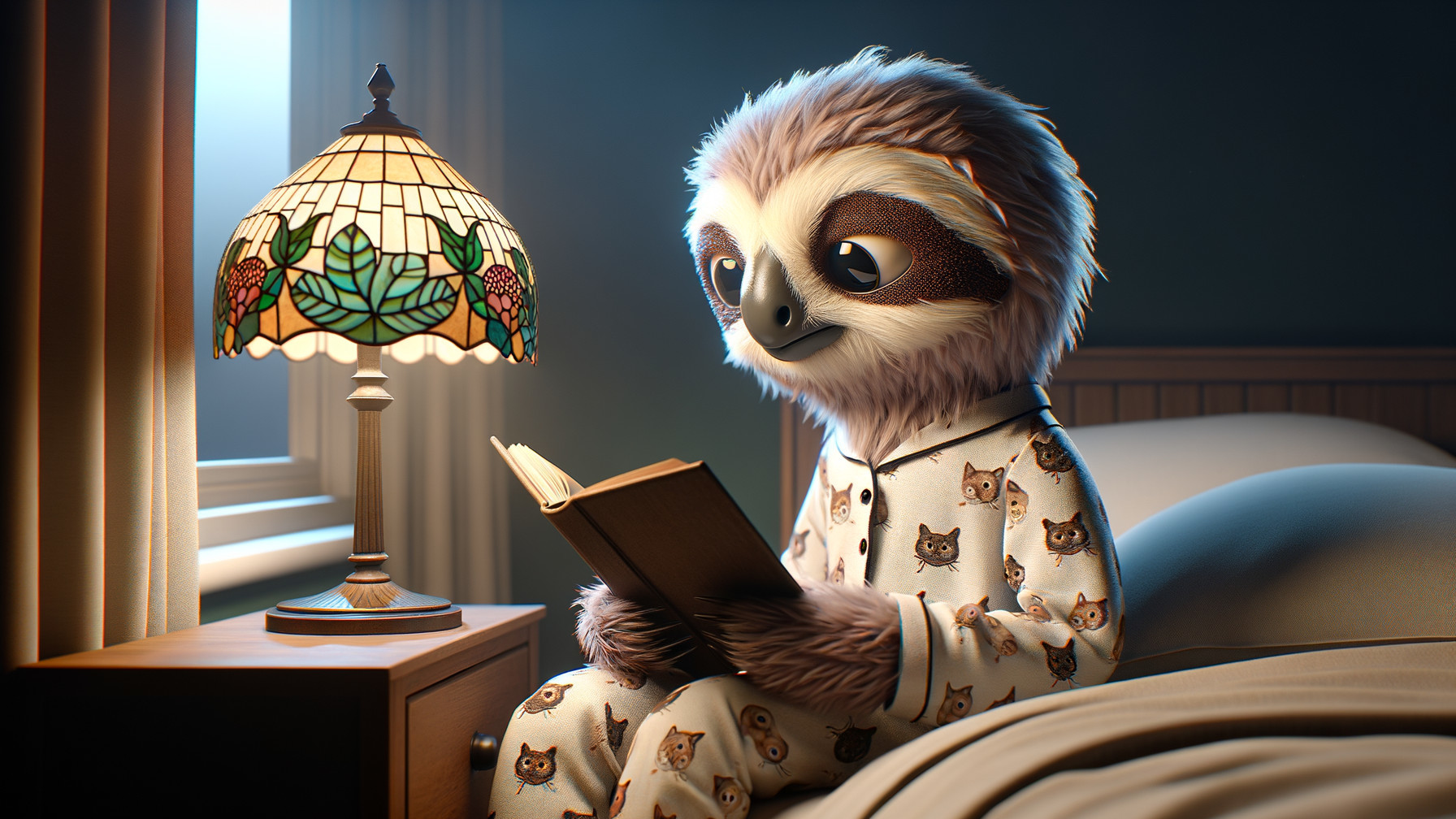 Animated Sloth in Cozy Bedroom Reading a Book