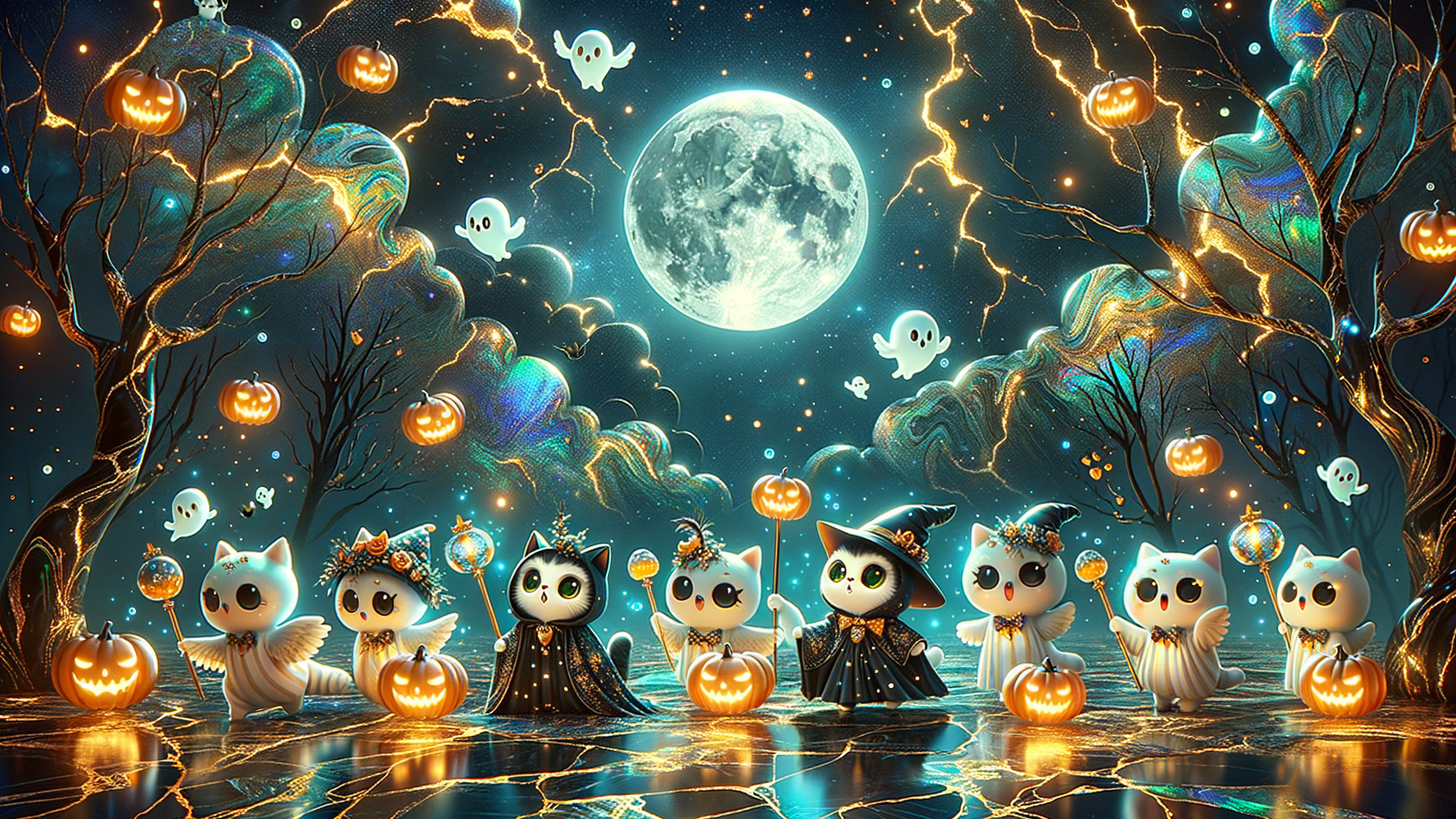 Cartoonish Cats in a Whimsical Halloween Scene