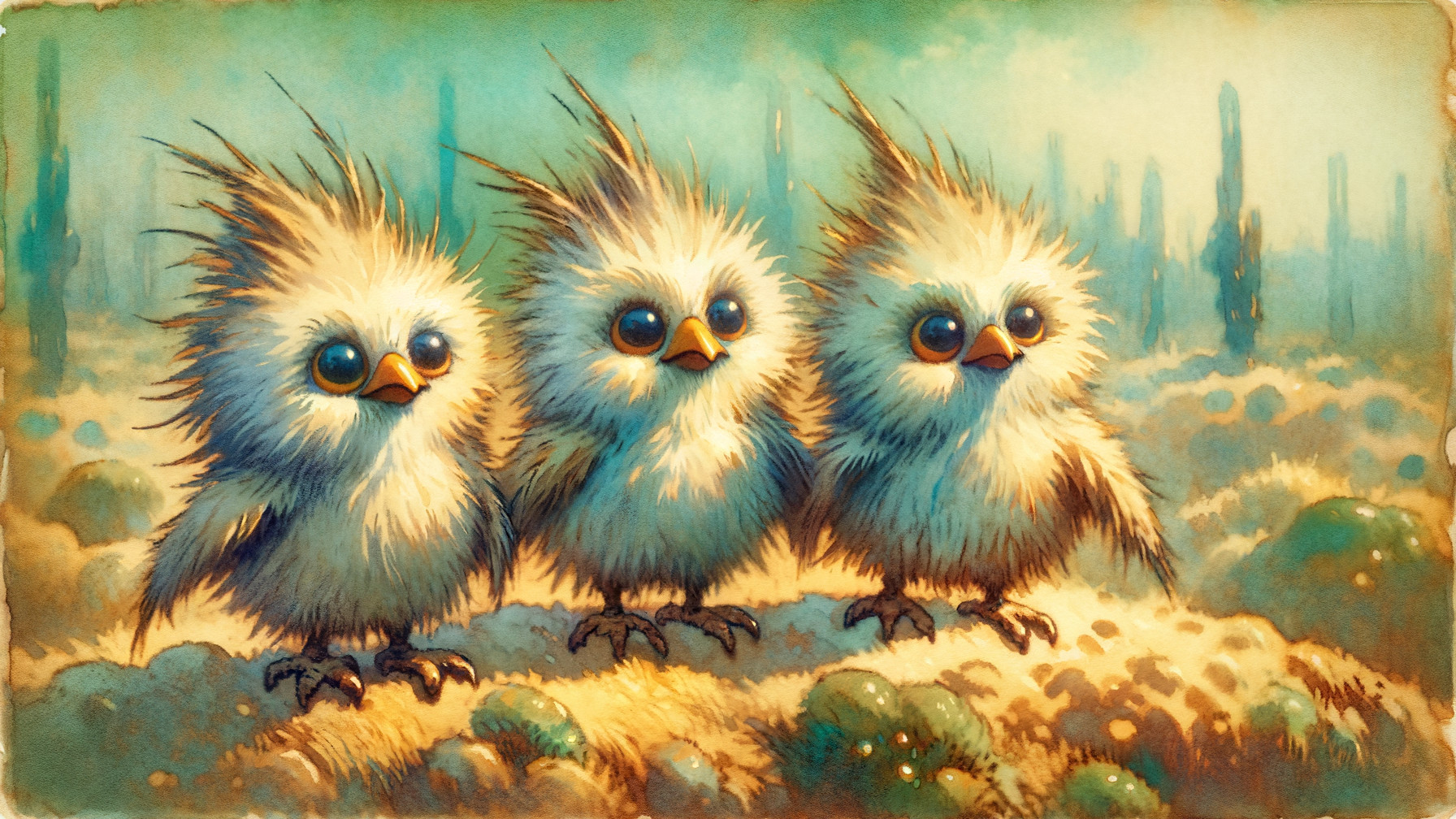 Fluffy Baby Birds in a Dreamy Landscape Setting
