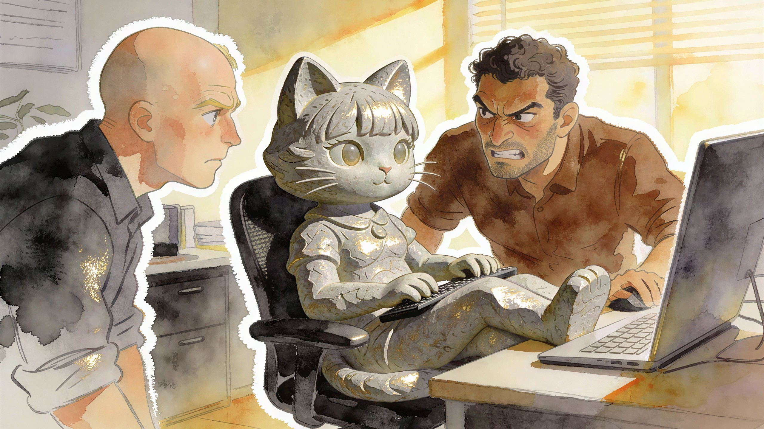 Watercolor Painting of Three People in an Office Setting