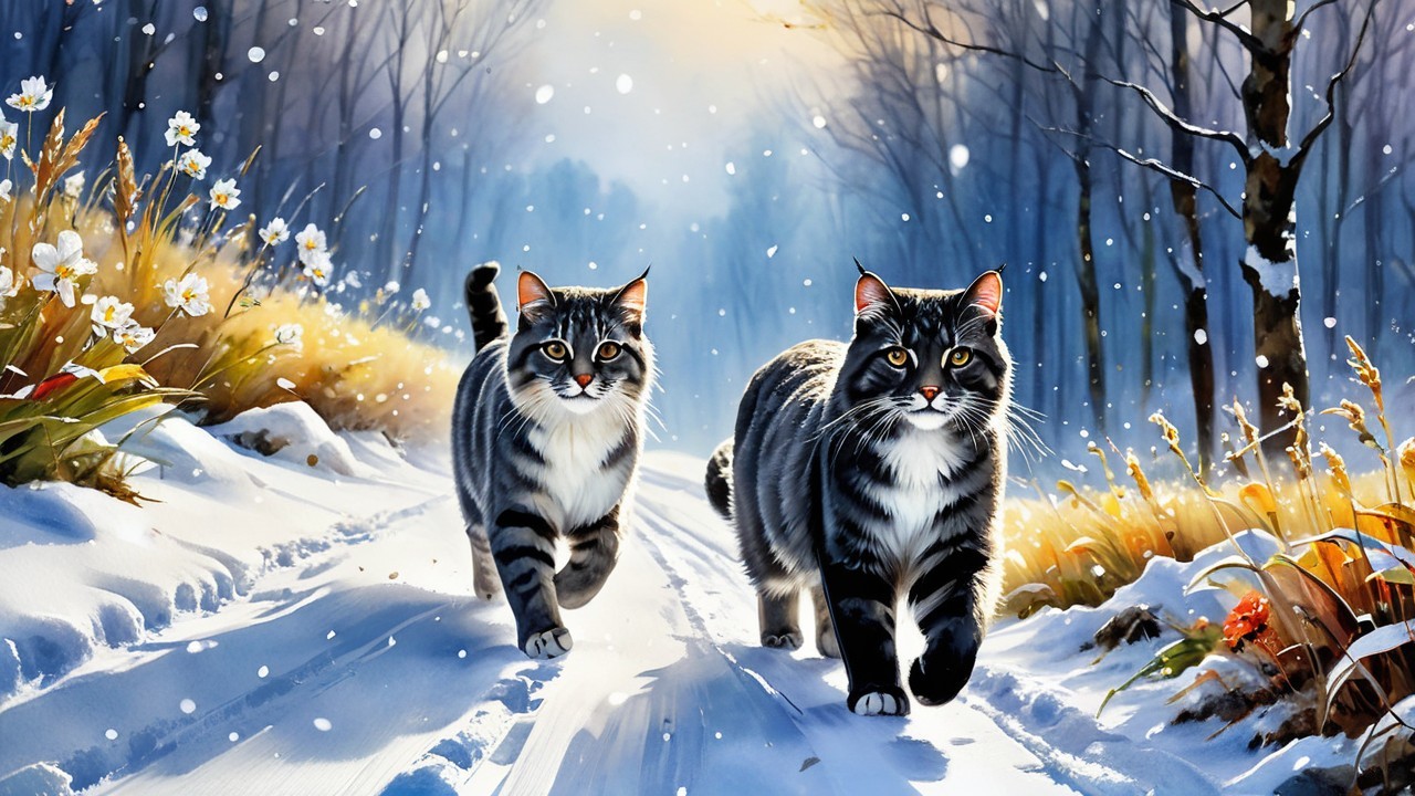 Striped Cats on a Snowy Path in Winter Landscape