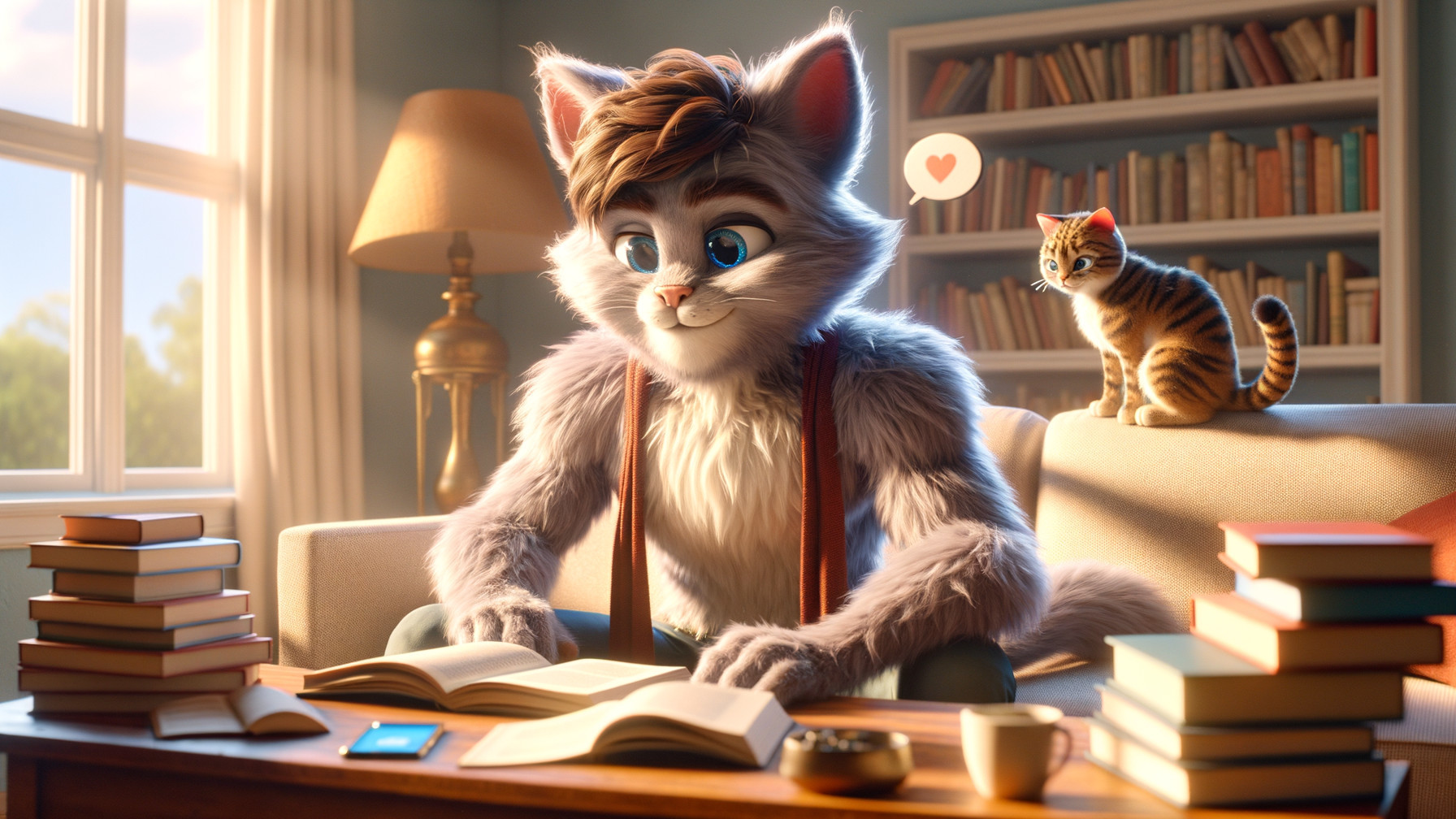 Cozy Living Room with Fluffy Anthropomorphic Cat