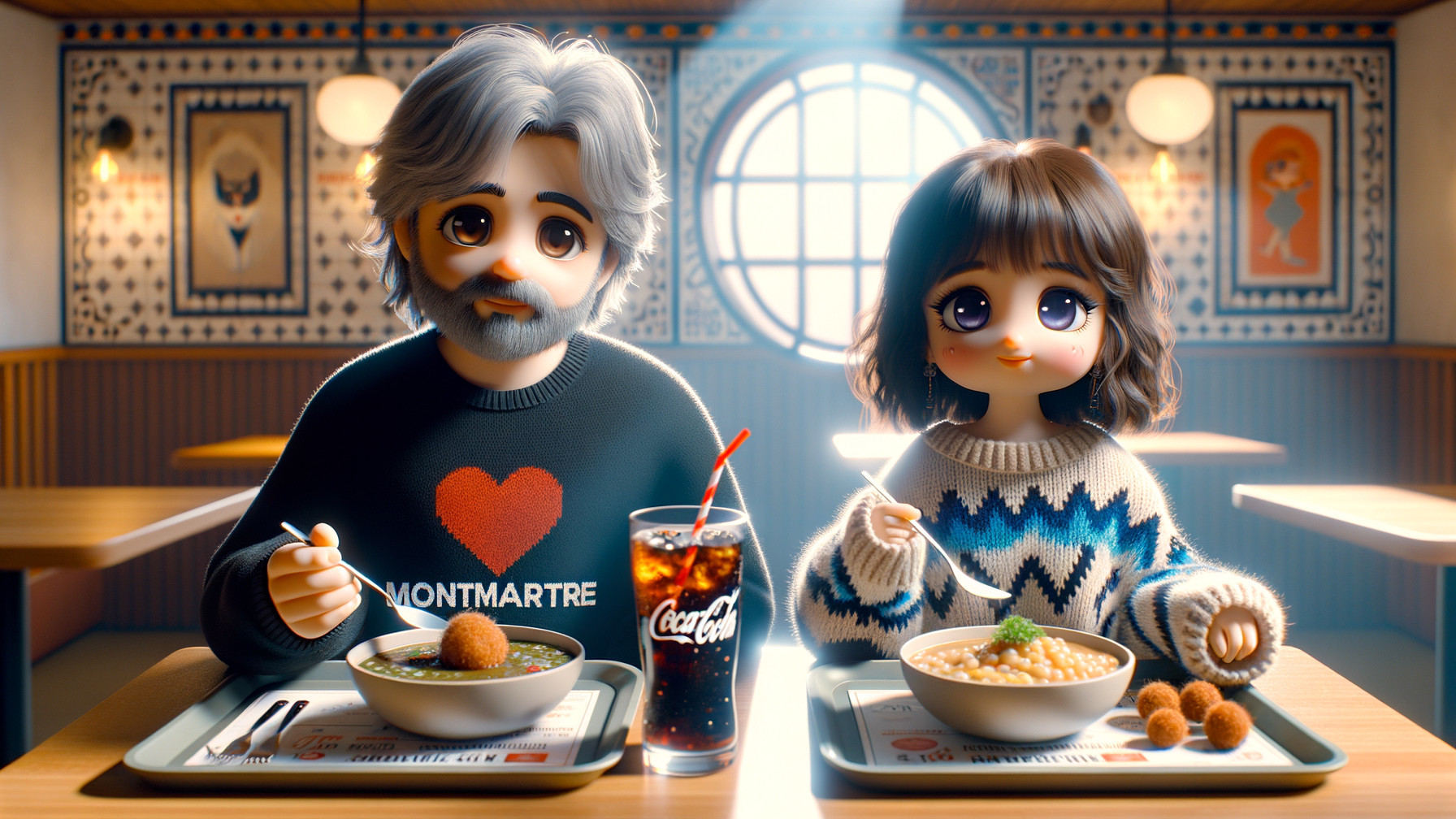 Cozy café scene with animated characters dining together