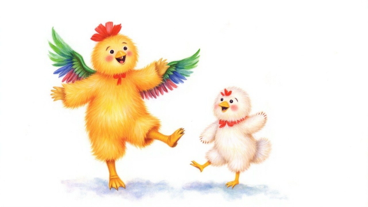 Cheerful Cartoon Chickens Dancing on White Background