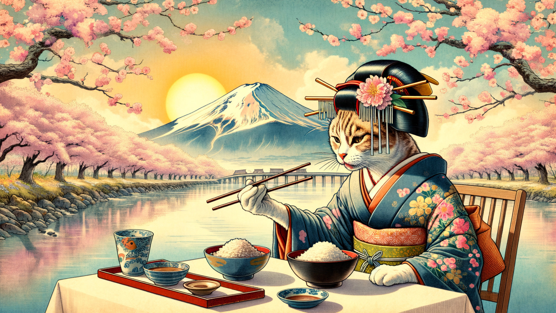 Whimsical Cat in Kimono by Serene Riverside Scene