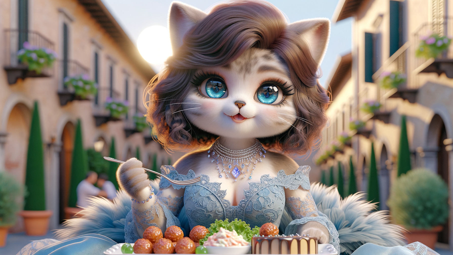 Charming Feline Character in Elegant Blue Gown
