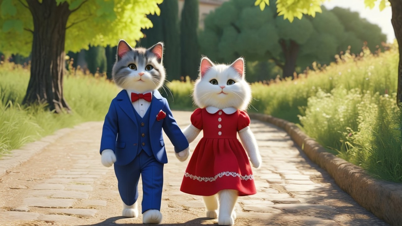 Cartoon Cats in Charming Sunlit Path Scene