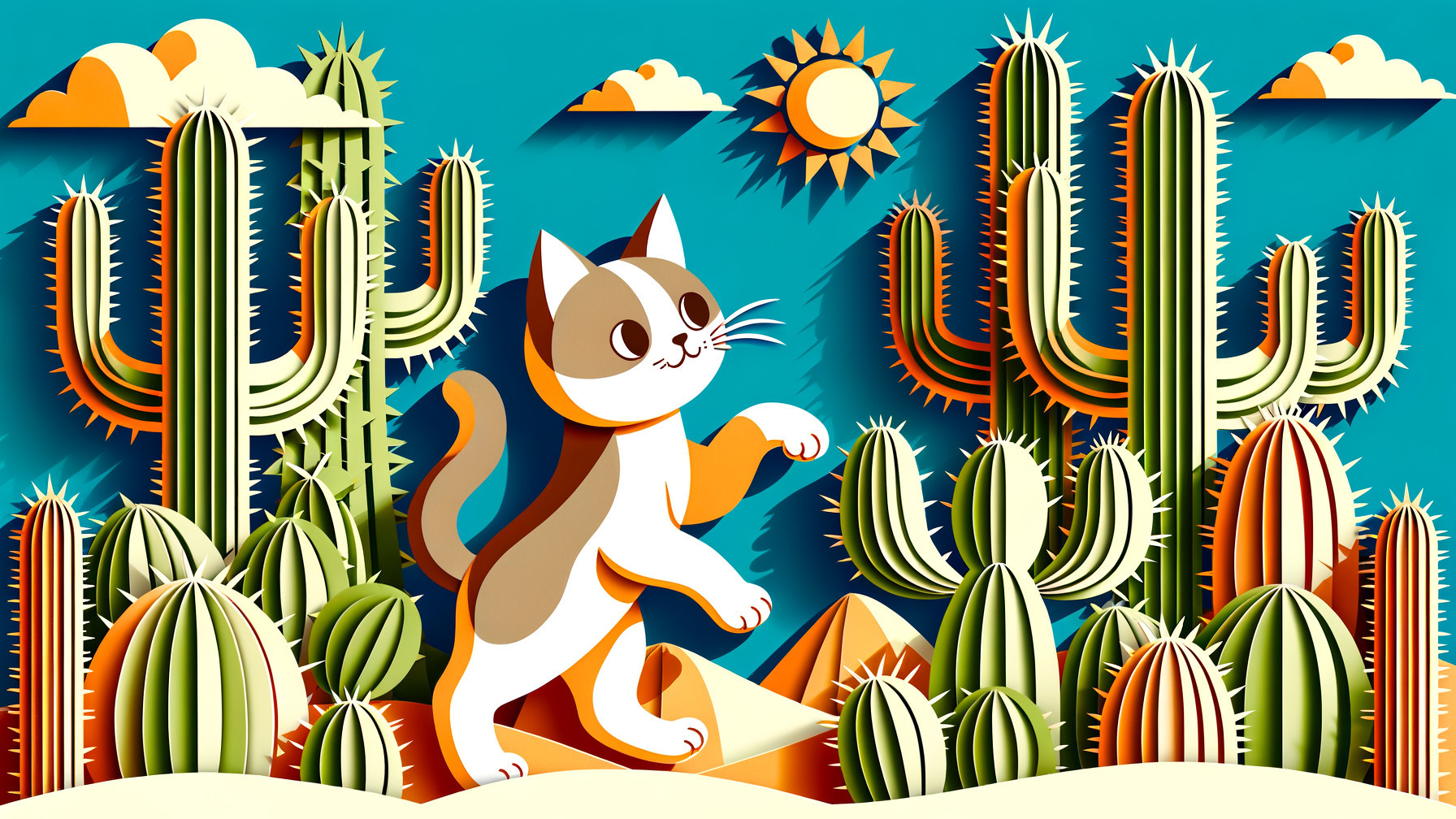 Playful Cat in Colorful Paper-Cut Desert Landscape