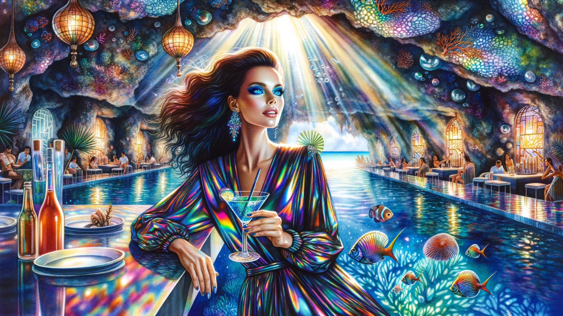 Surreal Scene of Glamorous Woman in Shimmering Dress
