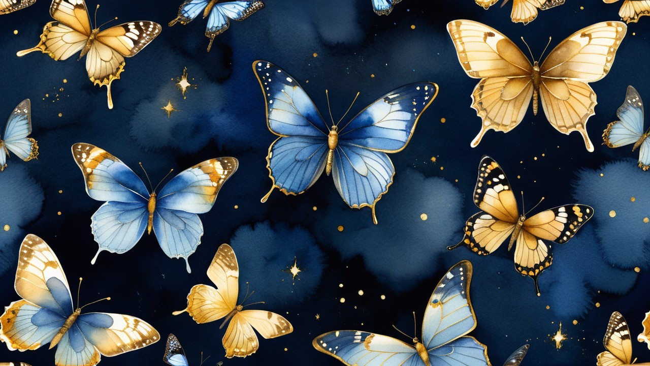 Butterfly Pattern in Blue and Gold on Navy Background