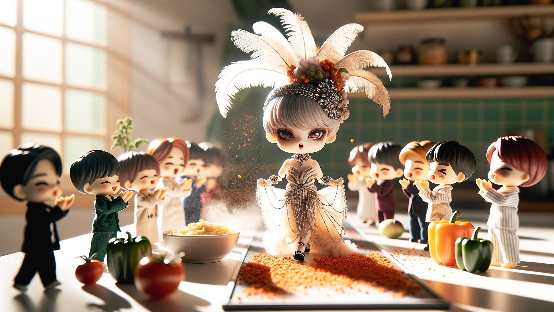 Doll in Glamorous Gown Surrounded by Cheerful Figurines