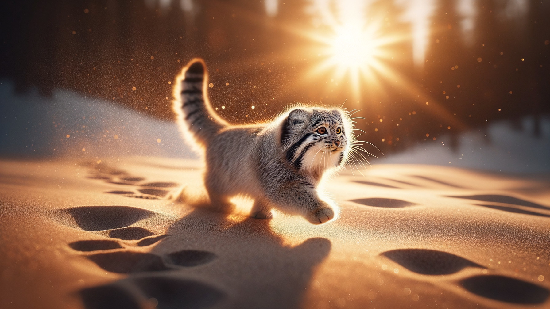 Snow Leopard Cub in Sunlit Snowy Landscape