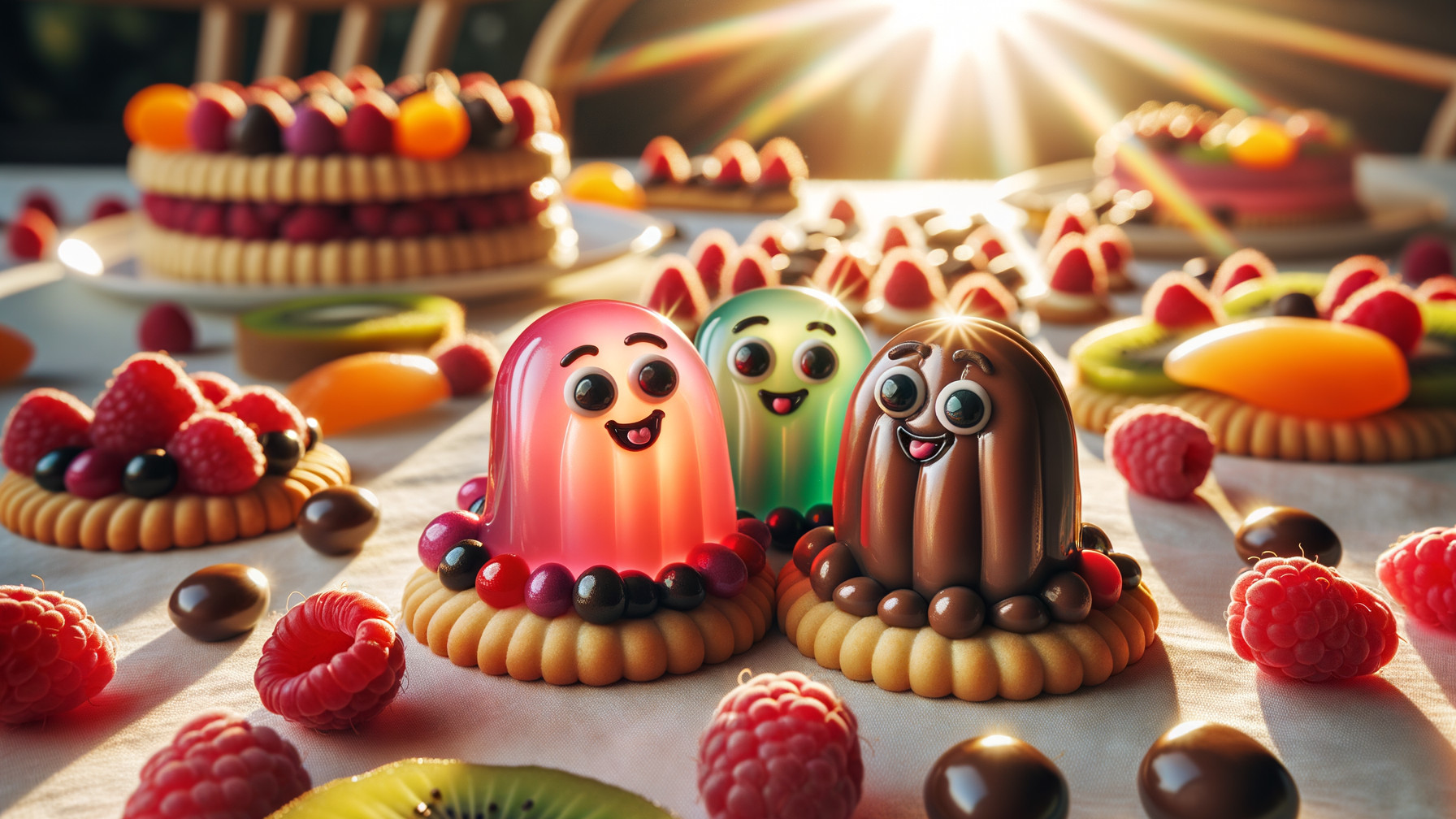 Colorful Jelly Figures on Cookie Bases with Fruits