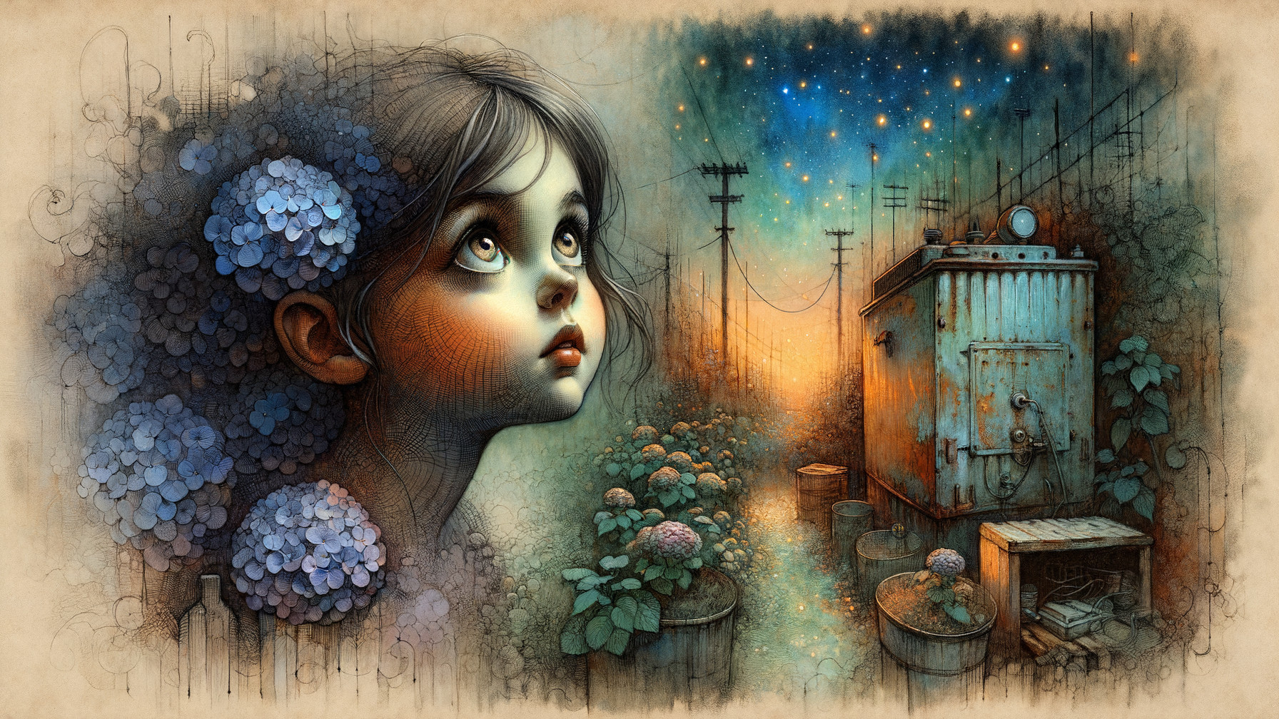 Whimsical Landscape with Girl and Urban Elements