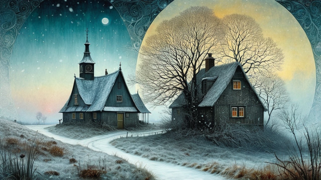 Winter Landscape with Wooden Houses in Snowy Field