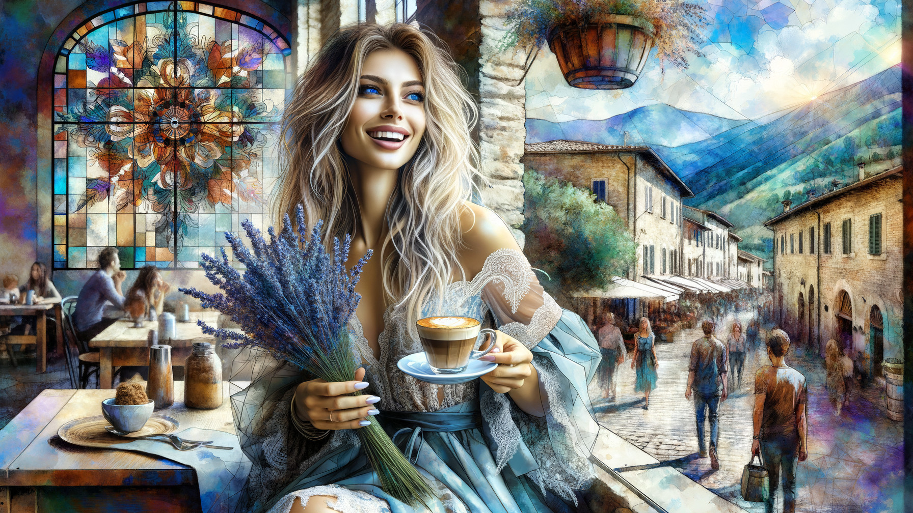 Charming Italian Cafe Scene with Vibrant Atmosphere