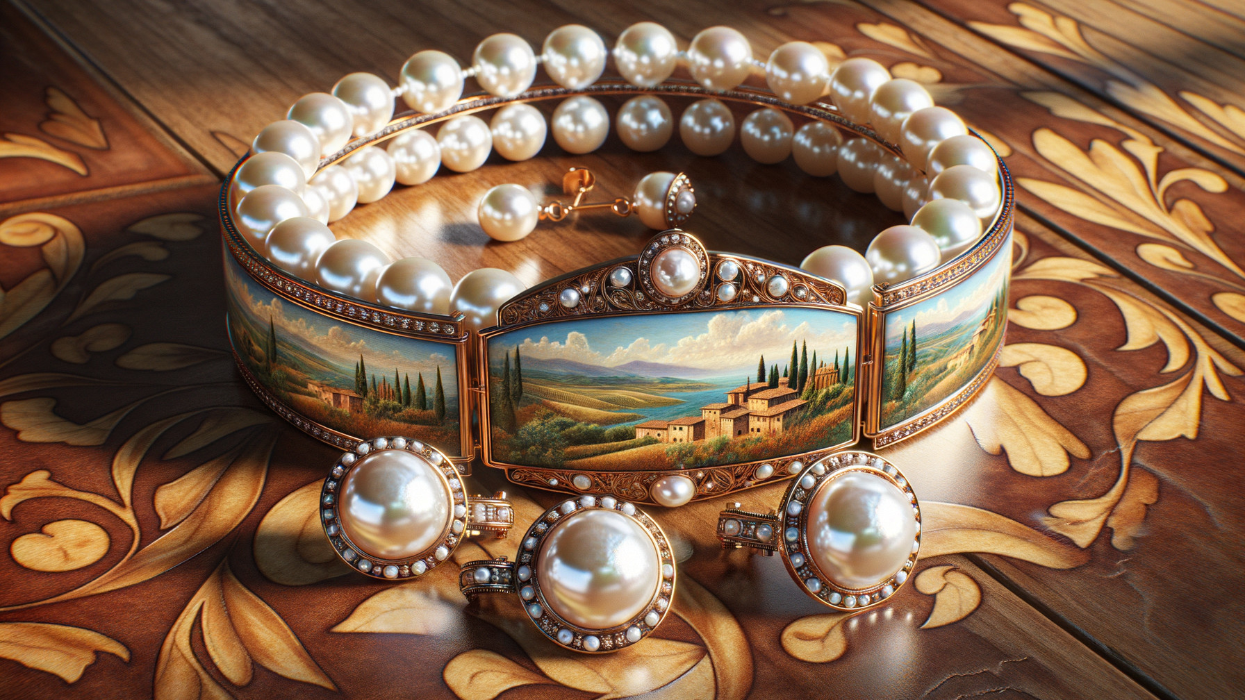 Elegant Pearl Necklace with Tuscan Landscape Plaque