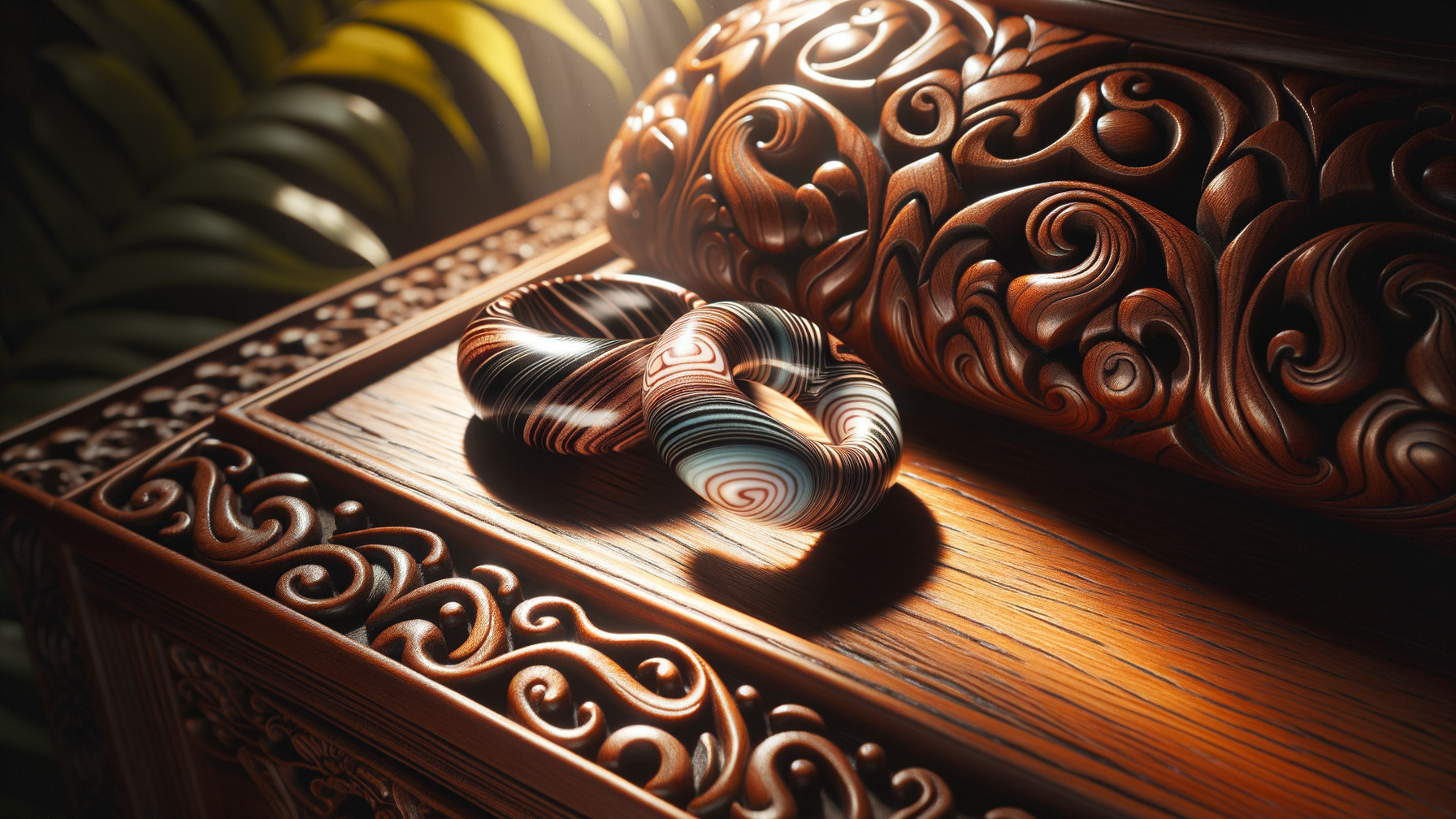 Swirled Rings on Textured Wooden Surface with Foliage