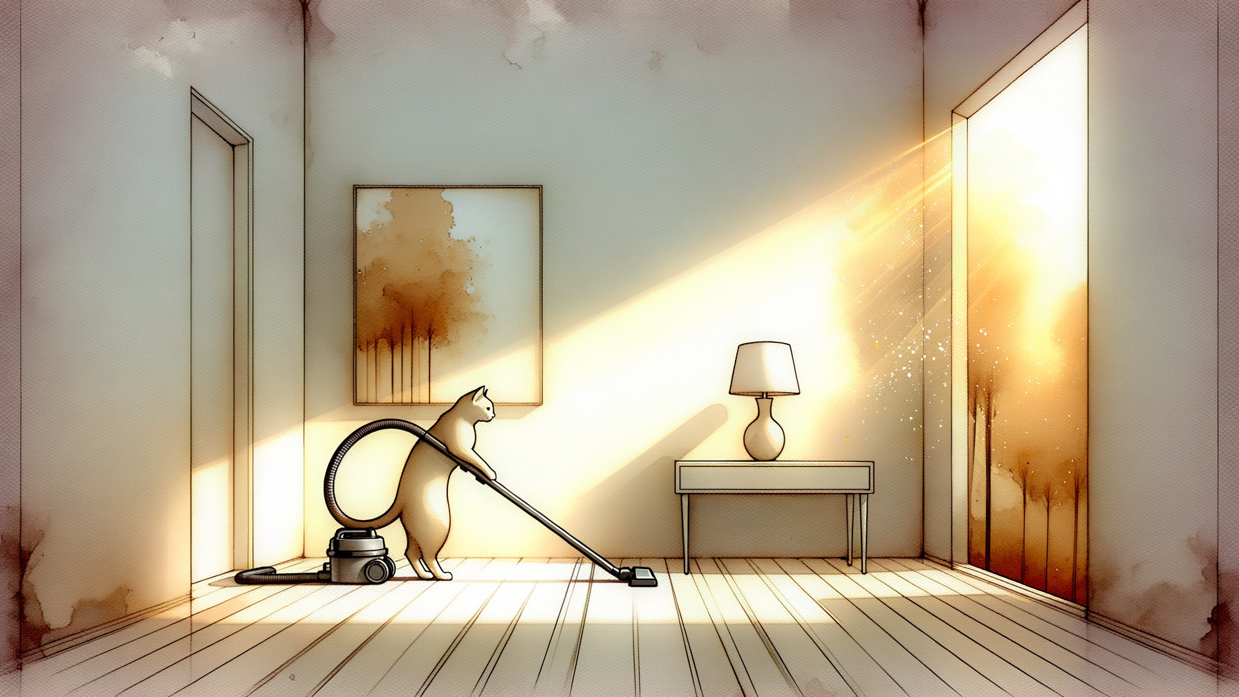 Cat Operating Vacuum Cleaner in Cozy Room Setting