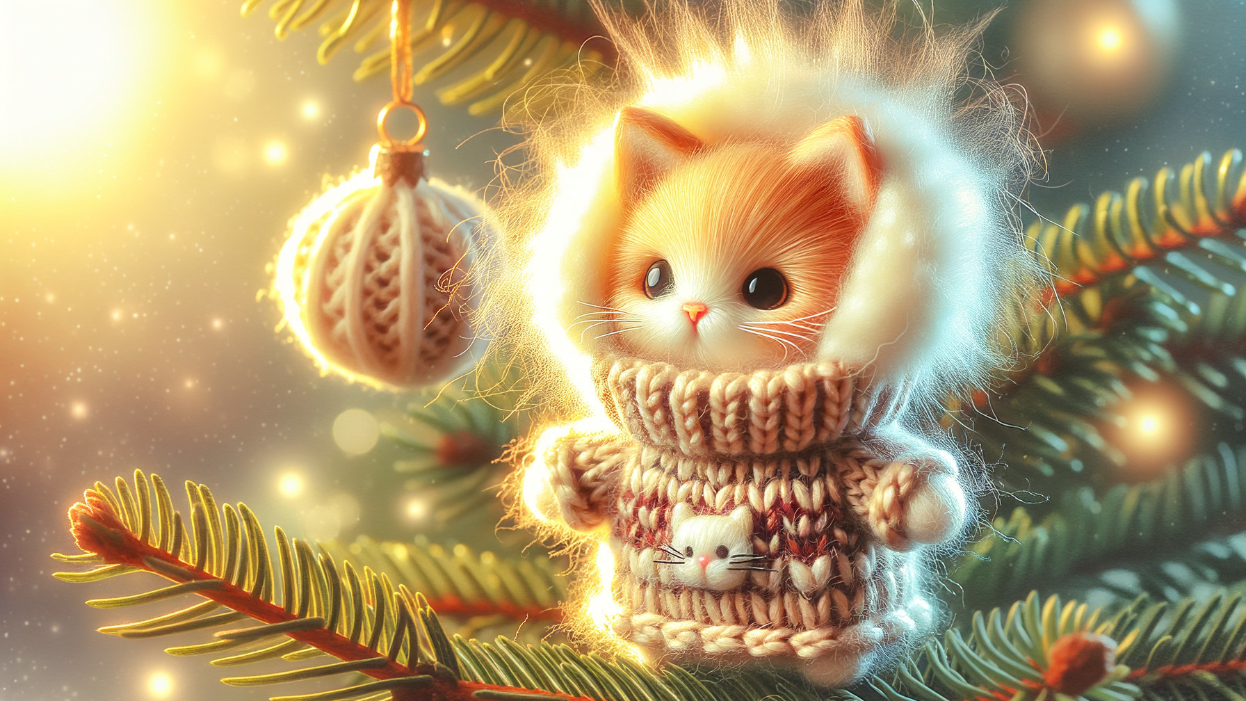 Fluffy Kitten in Sweater on Pine Branch with Ornaments