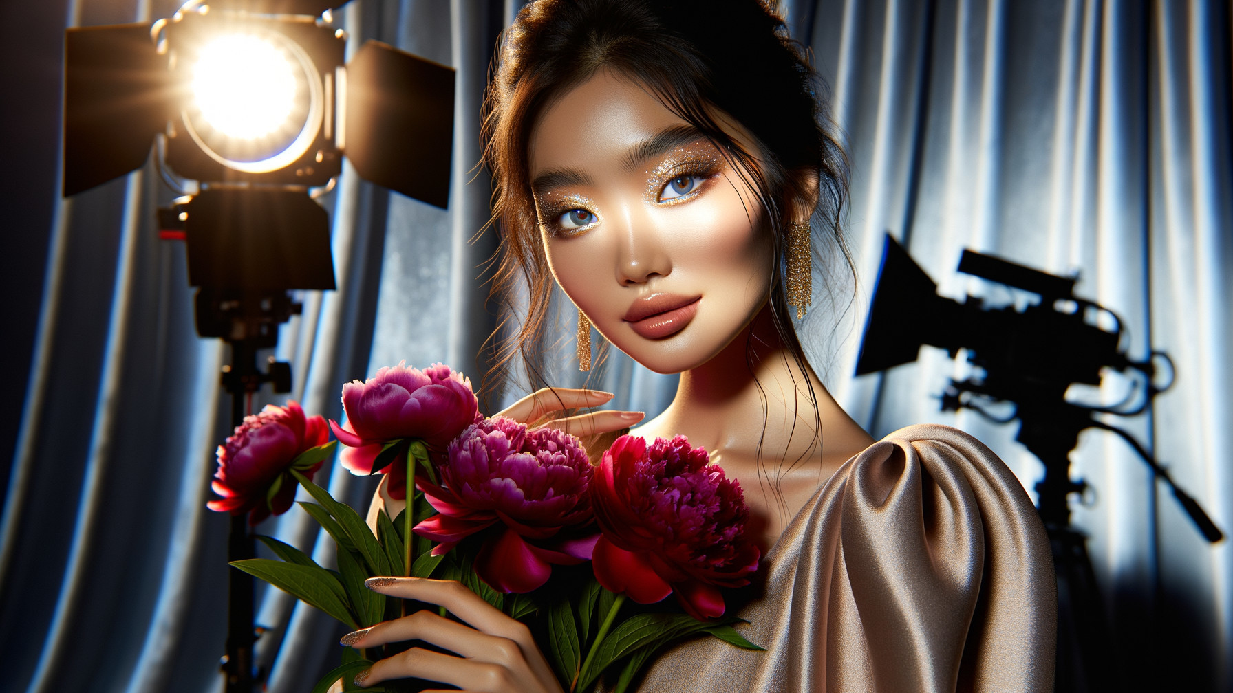Model Posing with Peonies and Elegant Drapery