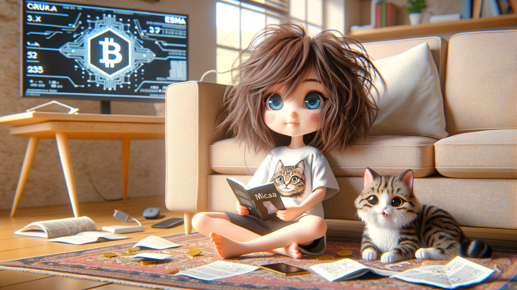 Stylized character reading on a cozy sofa with cat