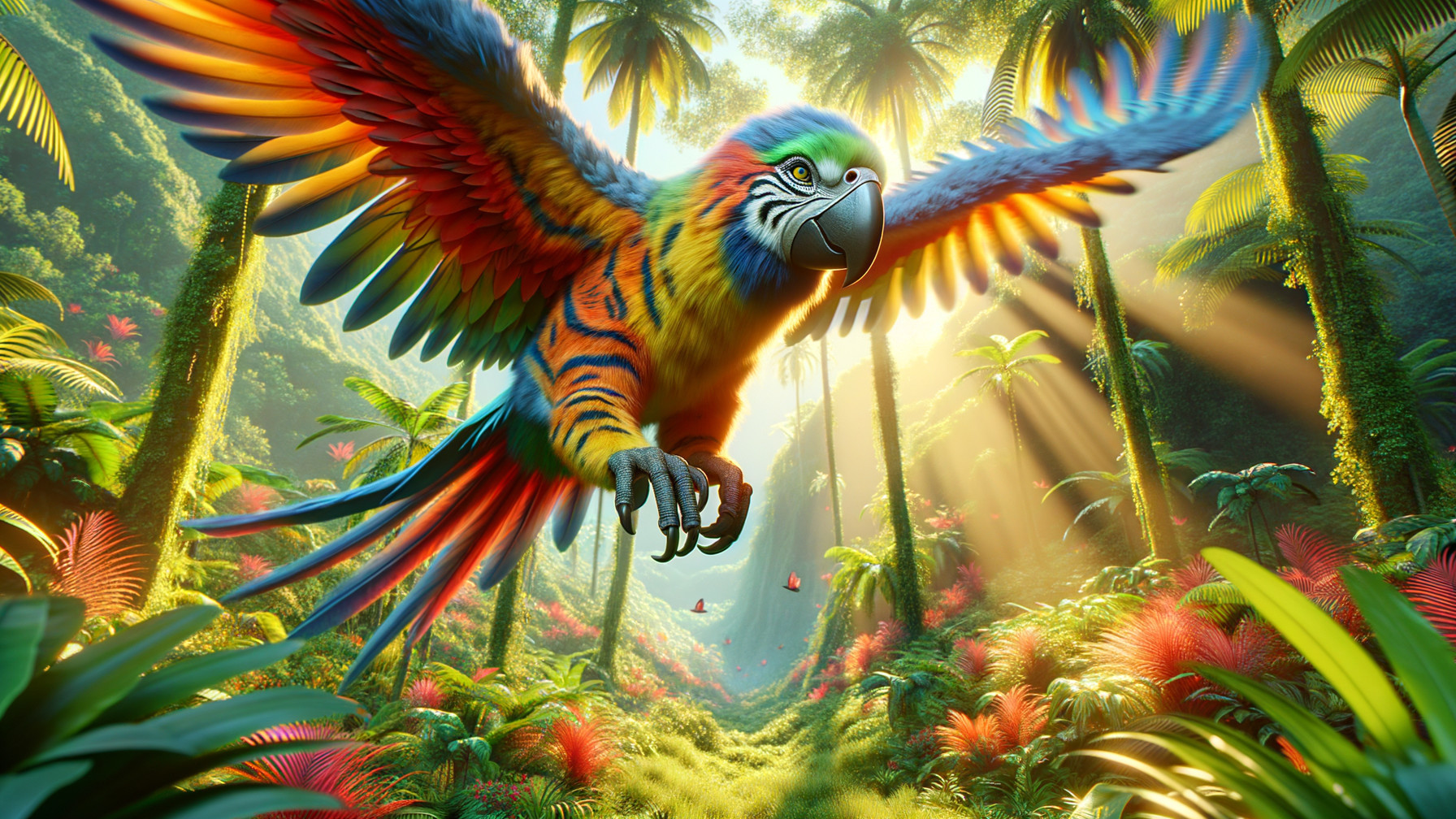 Vibrant Parrot Flying in Tropical Jungle Environment