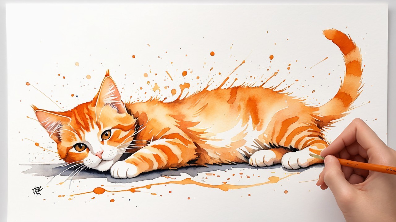 Orange Tabby Cat on White Surface with Watercolor Splashes