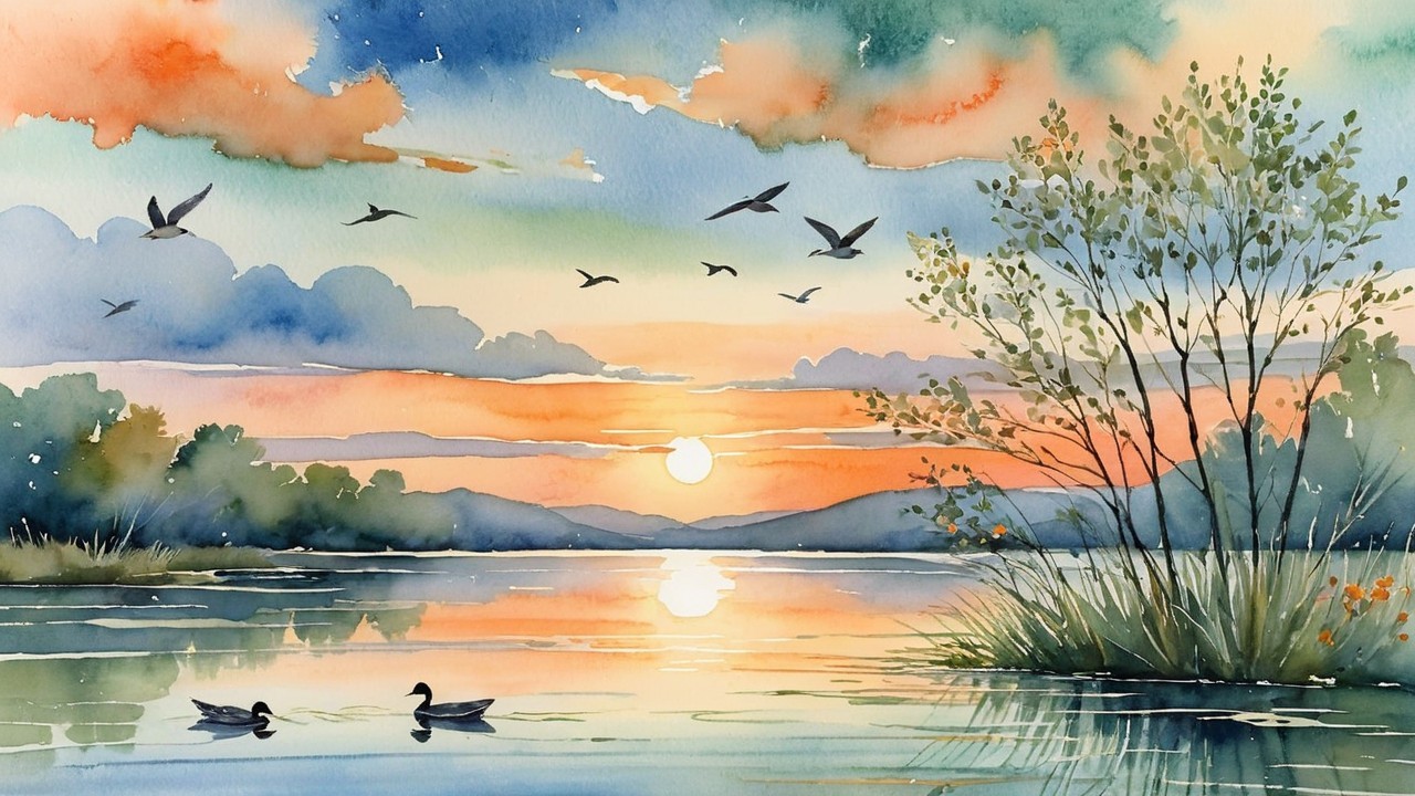 Tranquil Watercolor Landscape of Sunset Lake