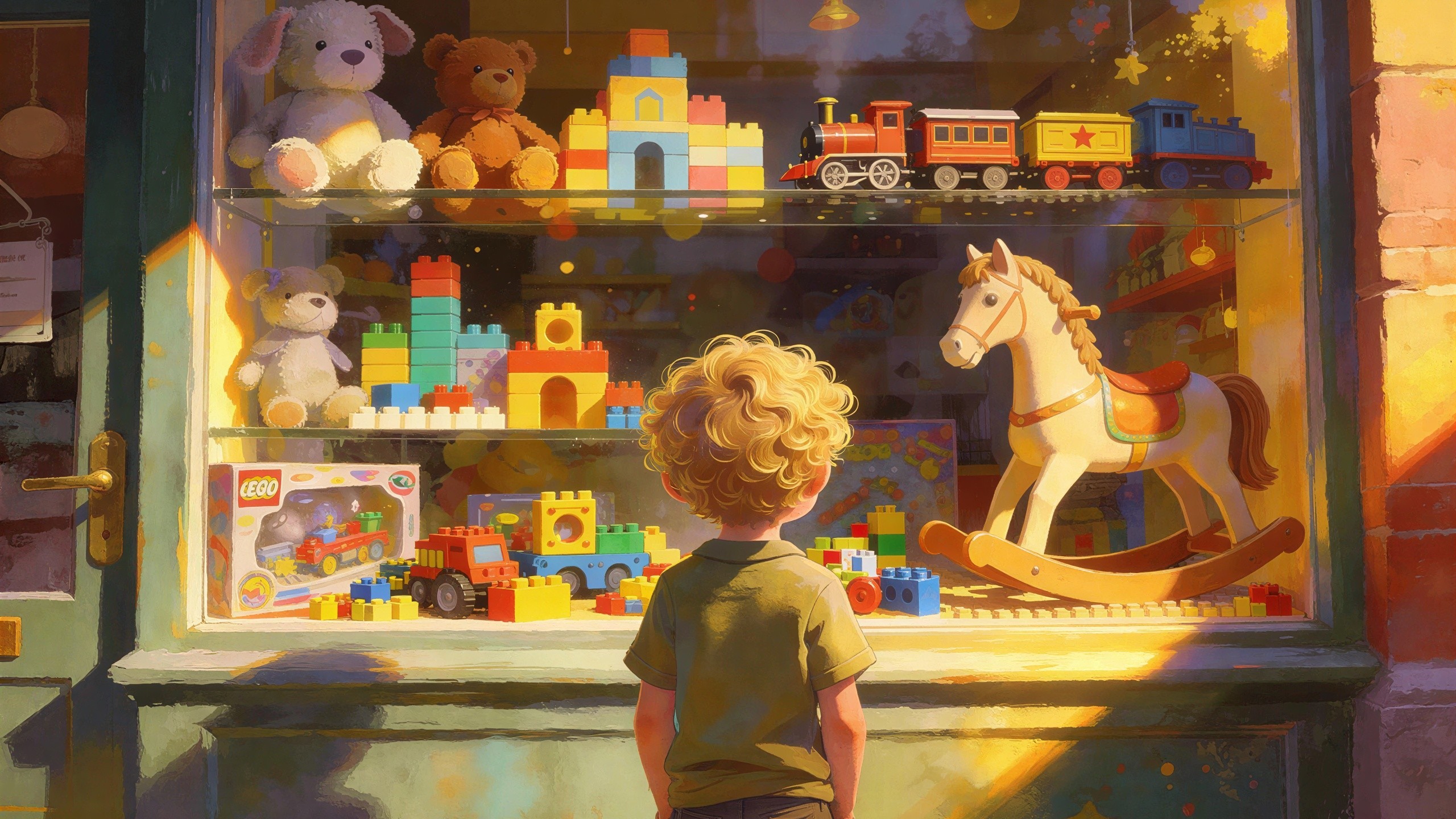 Cinematic Shot of Boy Viewing Colorful Toy Store Window