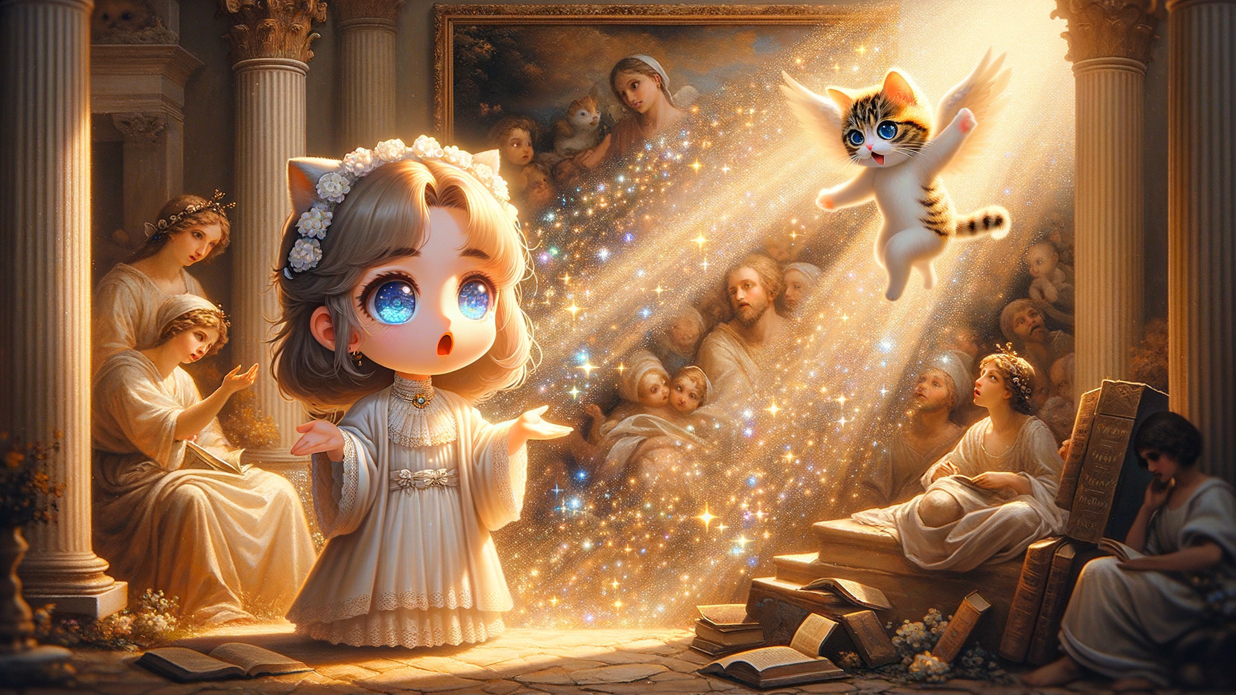 Chibi-style girl in ornate setting with winged kitten