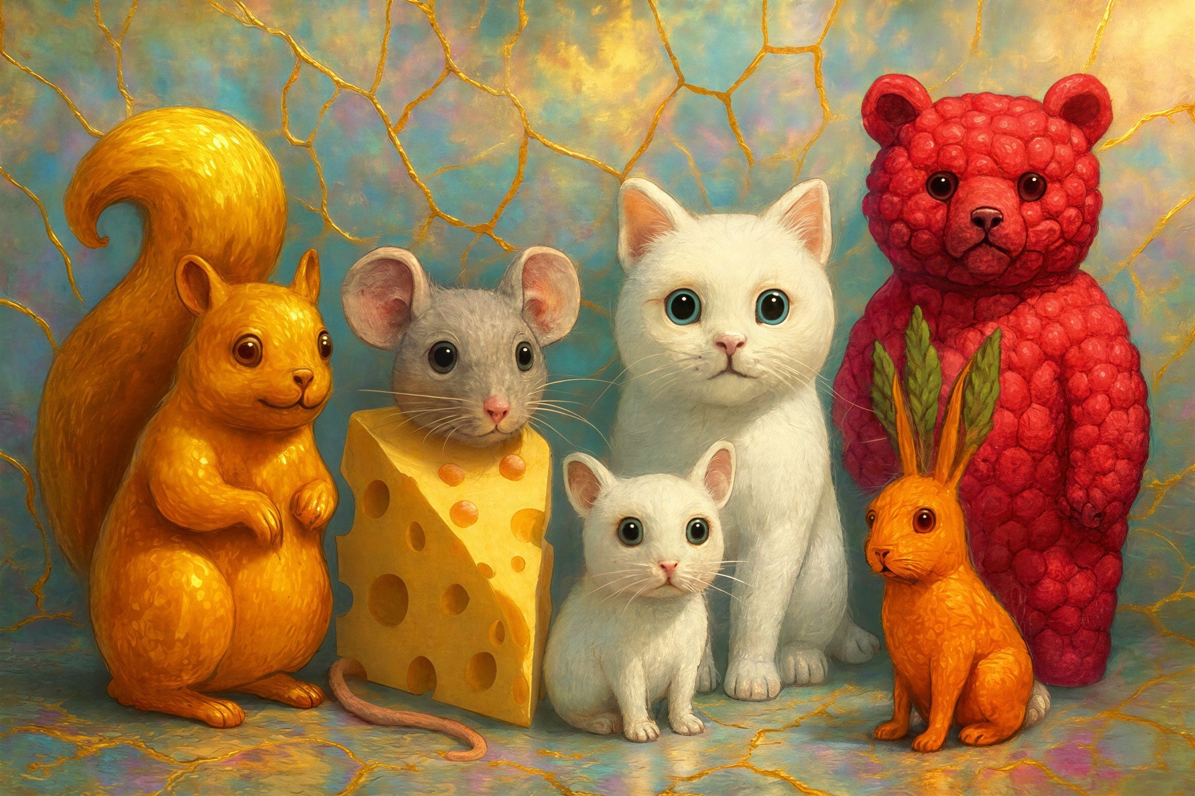 Vibrant 2D Digital Painting of Six Animal Characters