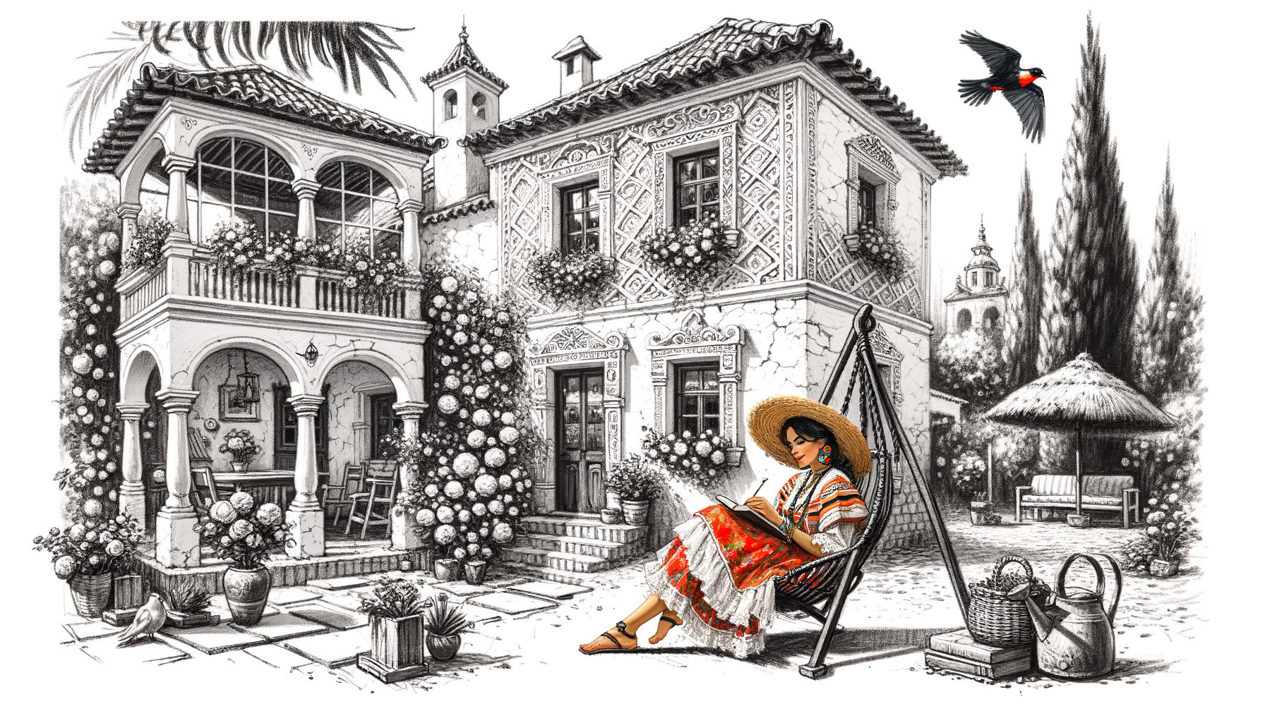 Charming Courtyard with Houses and Relaxing Woman