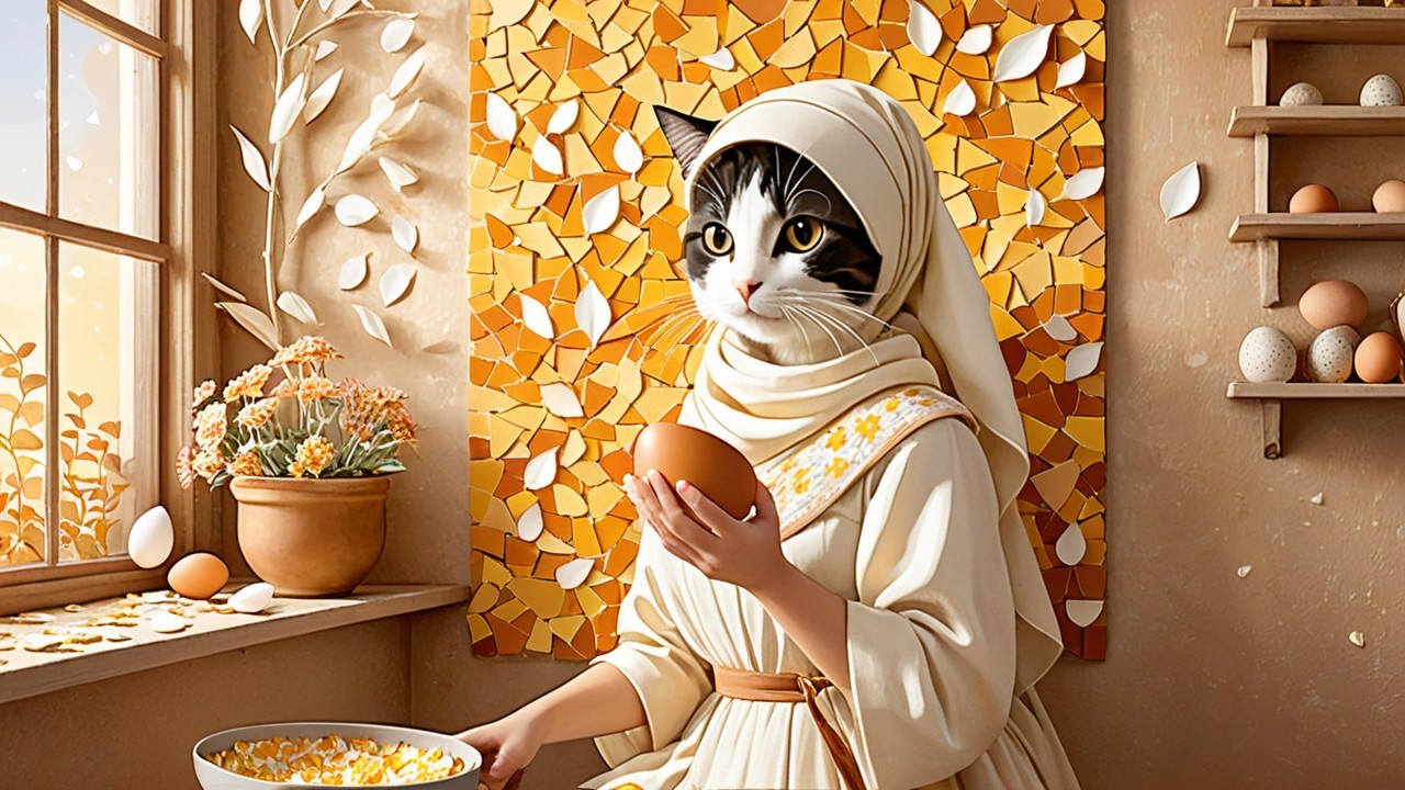 Whimsical figure with cat's head in sunlit room