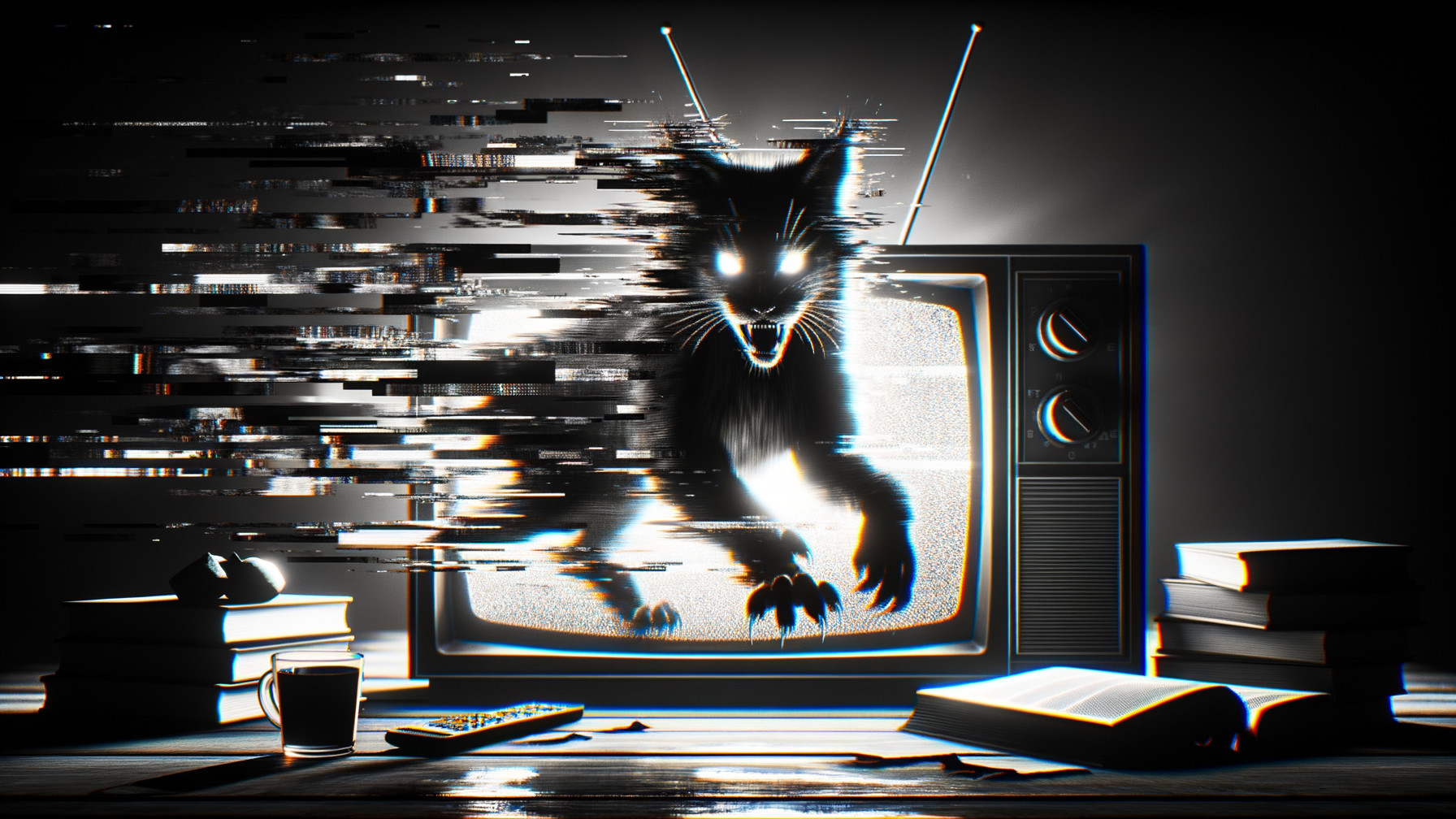 Surreal Scene with Vintage TV and Eerie Cat Image