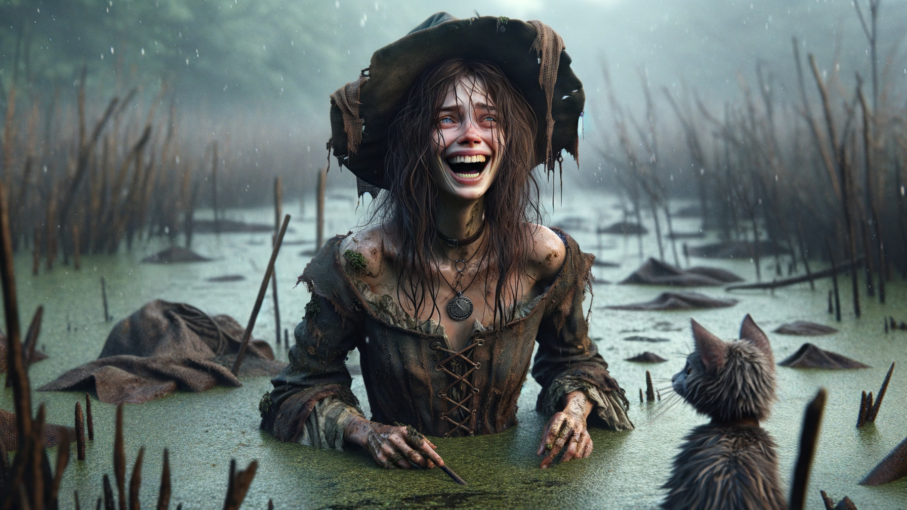 Young Woman in Muddy Swamp with Curious Cat