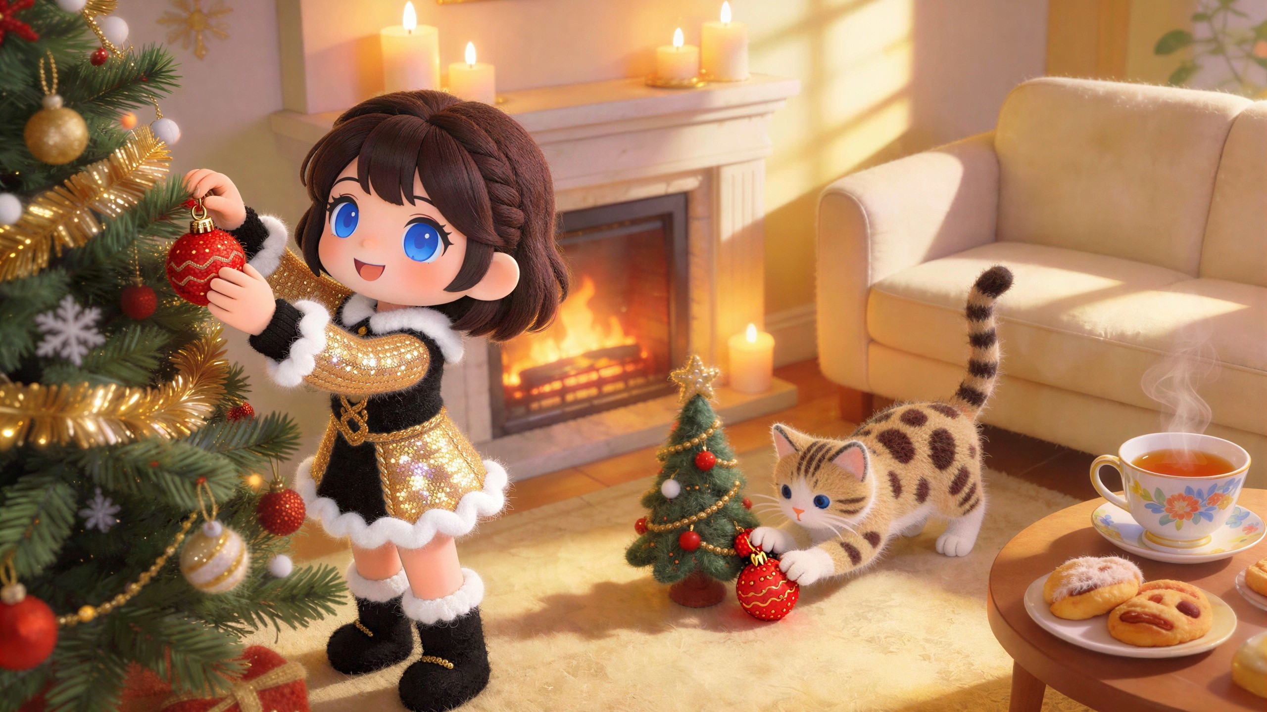 Charming Chibi Girl with Christmas Tree and Cat