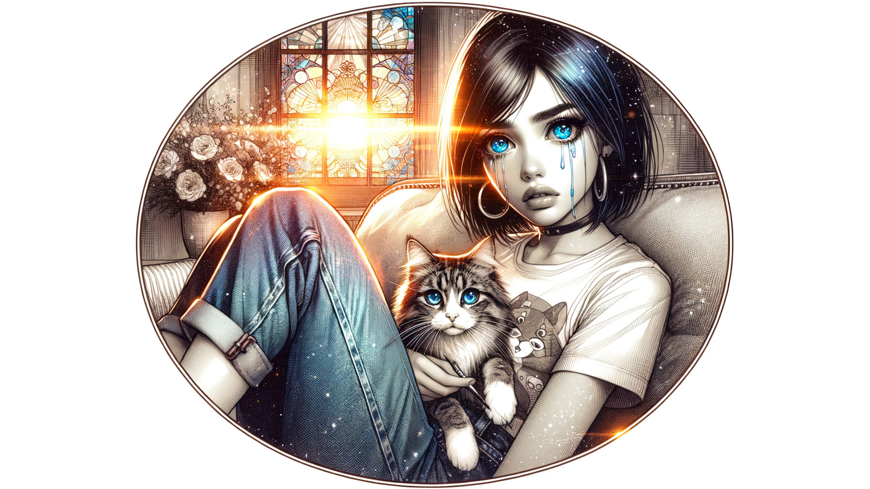 Girl with Blue Eyes and Cat in Serene Setting